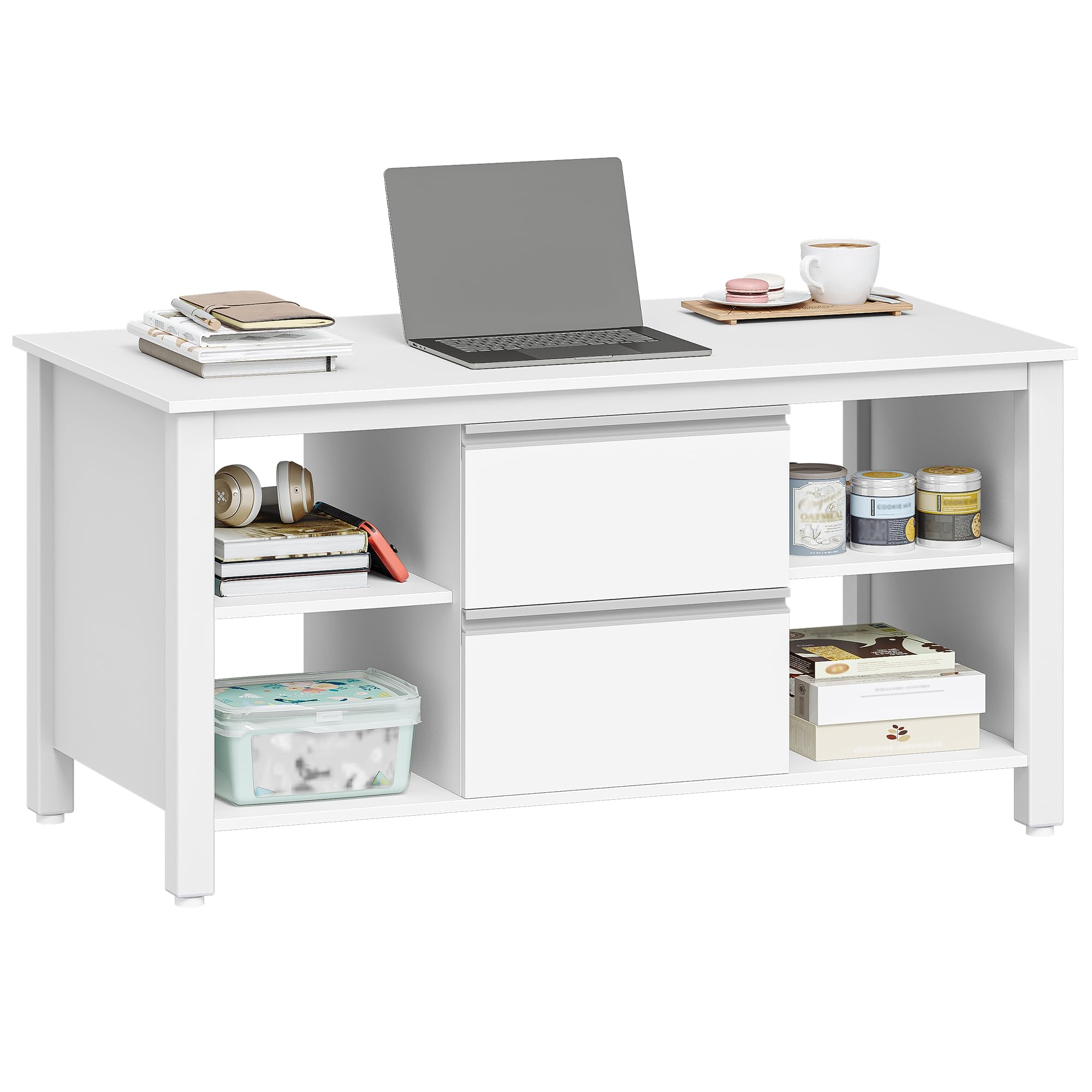 Hzuaneri Mesa de Centro, Mesa de Salón con 2 Cajones, 4 Estantes Abiertos, 50 x 100 x 50 cm, Blanco CT22003W