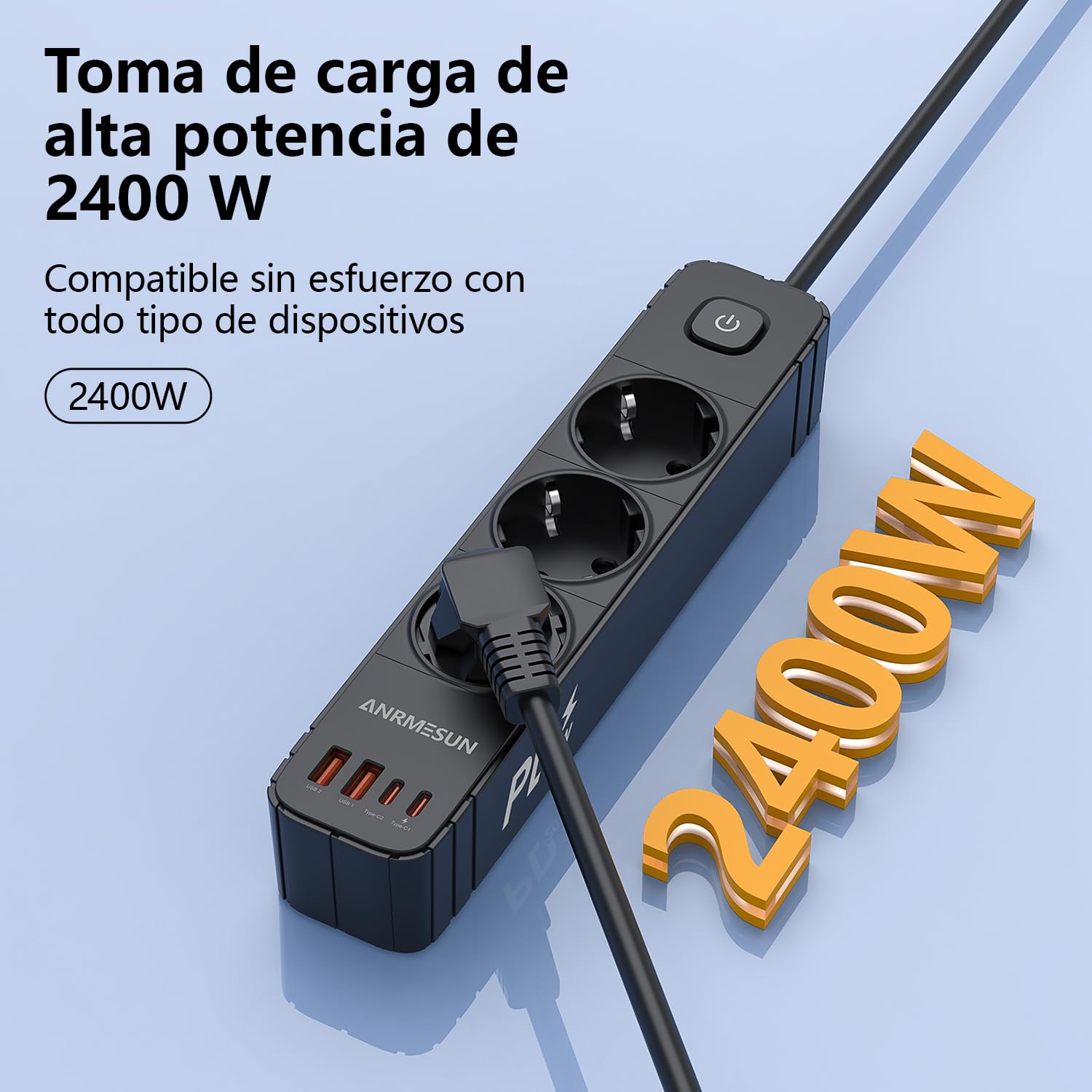ANRMESUN Regletas Enchufes con 3 Tomas y Interruptor, Enchufe Múltiple de Carga 2 USB A y 2 USB C (PD 20W), Protección Sobretensión, Cable 1.9m, Ideal para Viajes y Hogar — view 3
