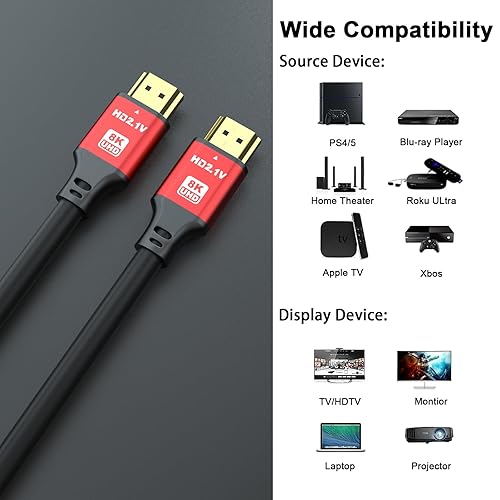 Miniatura 5 de Cable HDMI de 6 pies, paquete de 3, 48 Gbps 8K a 60 Hz 4K a 120 Hz, HDCP 2.2 y 2.3, DTSX, HDR 10 compatible con Roku TVeARC3DPS5HDTVportátilBlu-ray