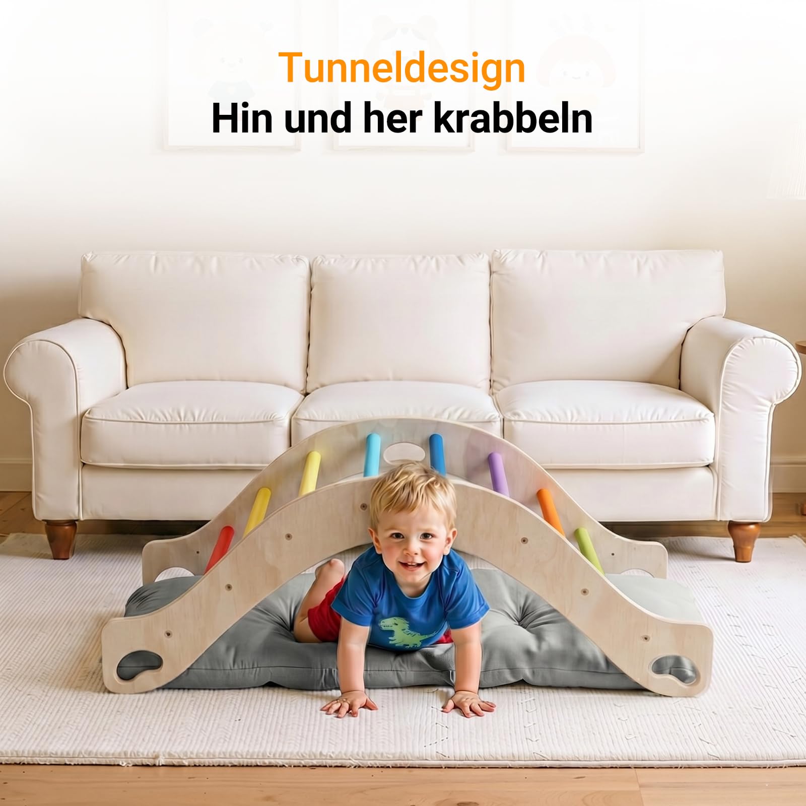 COSYLAND Montessori Kletterbogen aus Holz mit Kissen, Baby Kletterbogen ab 1 Jahr, Holzwippe Indoor zum Wippen, Klettern und Krabbeln, Bogenwippe Regenbogen