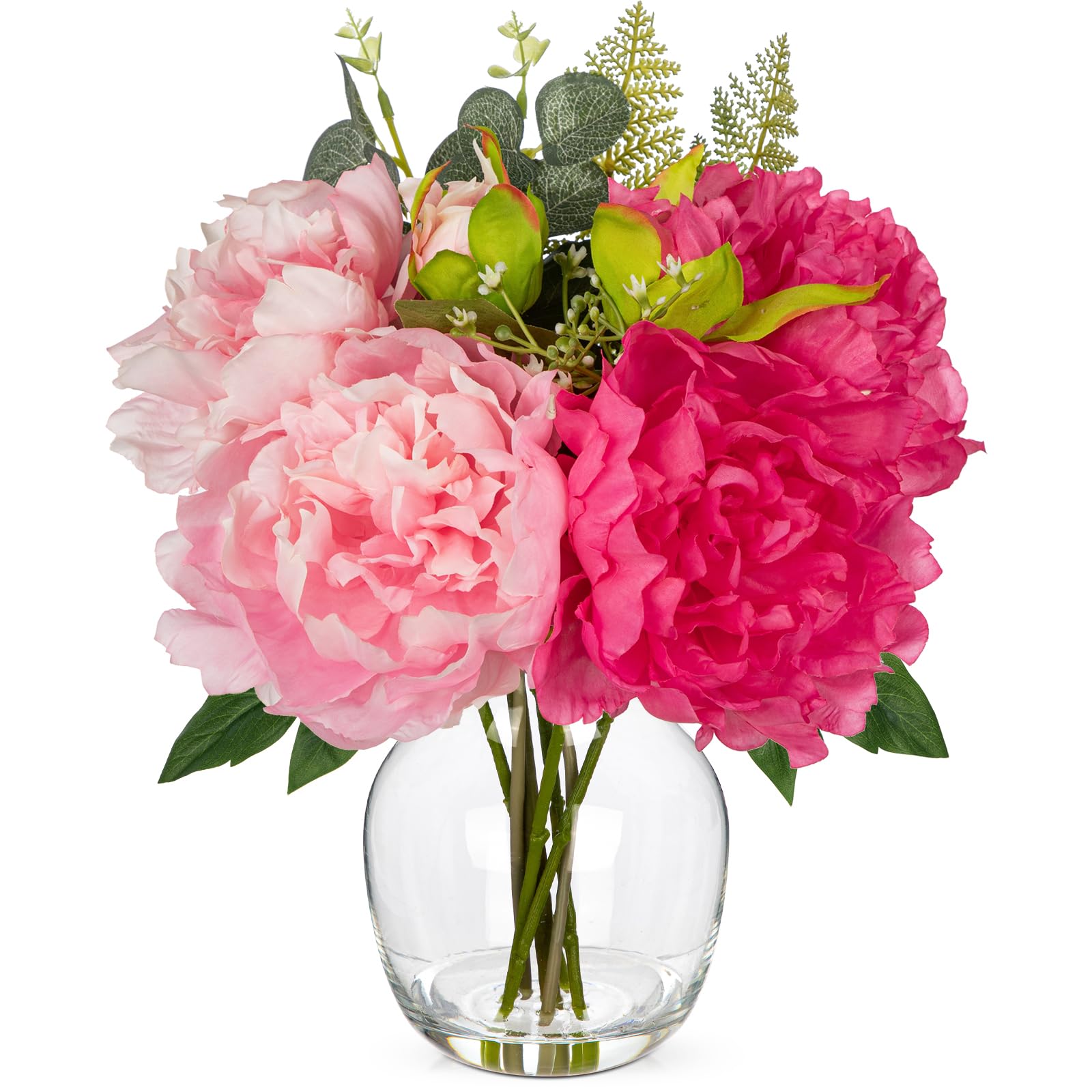 Oairse Artificial Peony Flowers in Glass Vase with Faux Water, Realistic Silk Flower Arrangement with Vase, Pink Peonies Flower Table Centrepiece for Living Room Bedroom Office Home Decorations