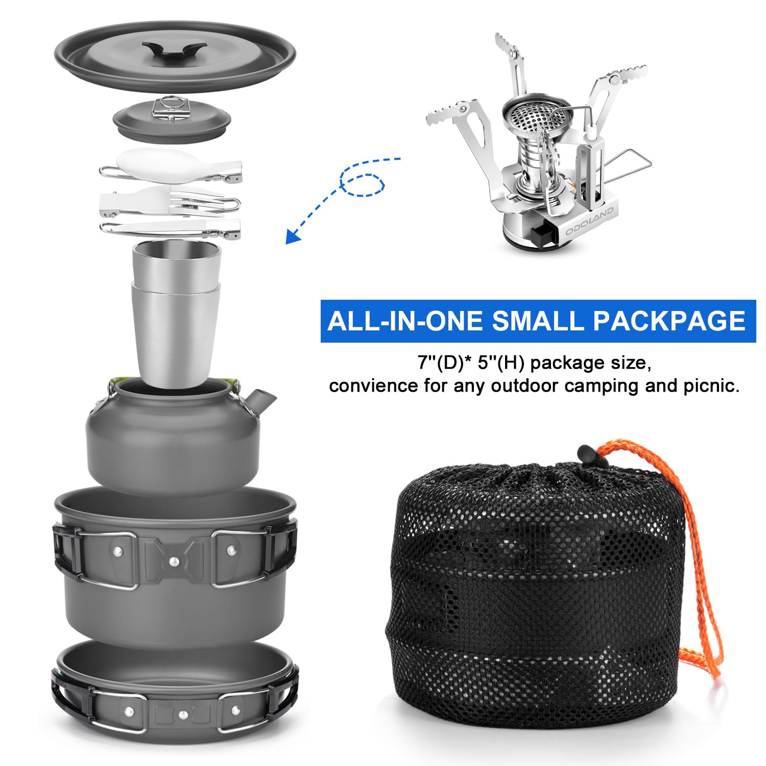 Odoland Camping Cookware Set 10PCS Aluminium Popotes Cuisine avec Cafetière Théière Portable pour 1-2 Personnes