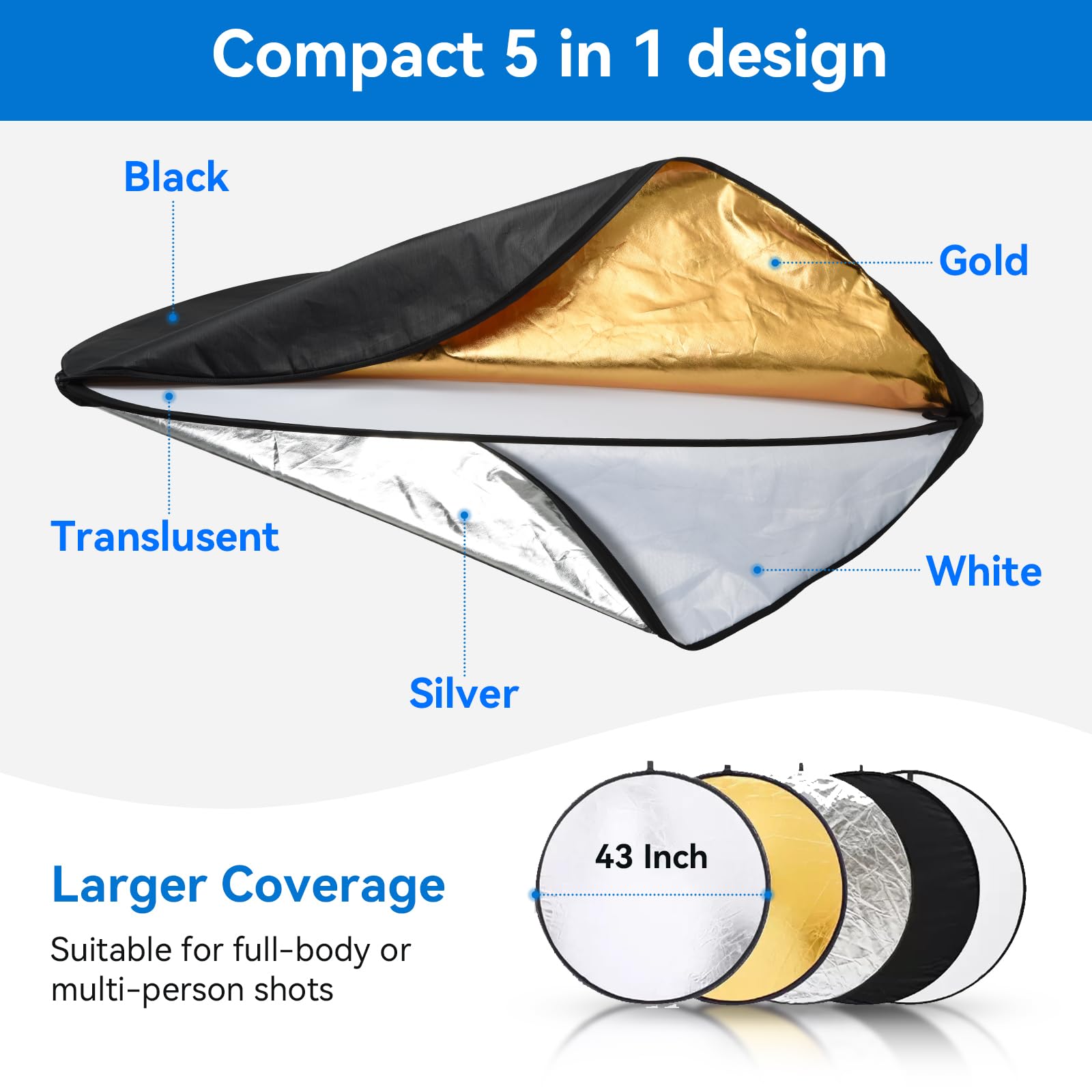 5 In 1 Photography Reflector Andoer 24-Inch 5-in-1 Collapsible Photography Reflector - Gold, Silver, White, Black, Translucent Surfaces Light Reflectors For Photography