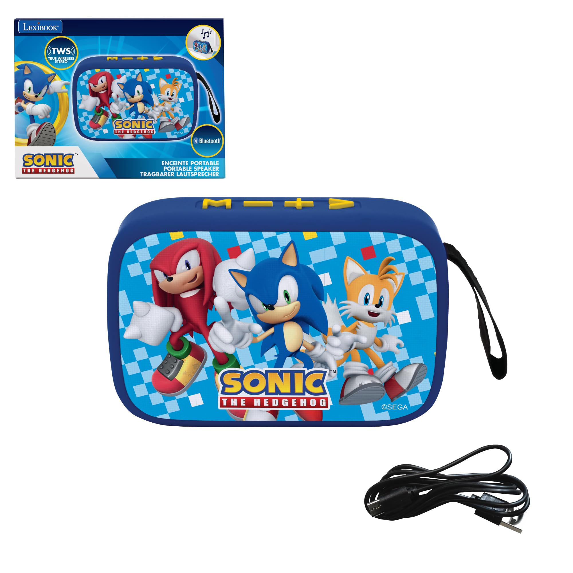 LEXIBOOK, SEGA Sonic the Hedgehog, Portable Bluetooth Speaker, wireless, USB-C, SD/TF card, rechargeable battery, Blue, BT018SNLXB