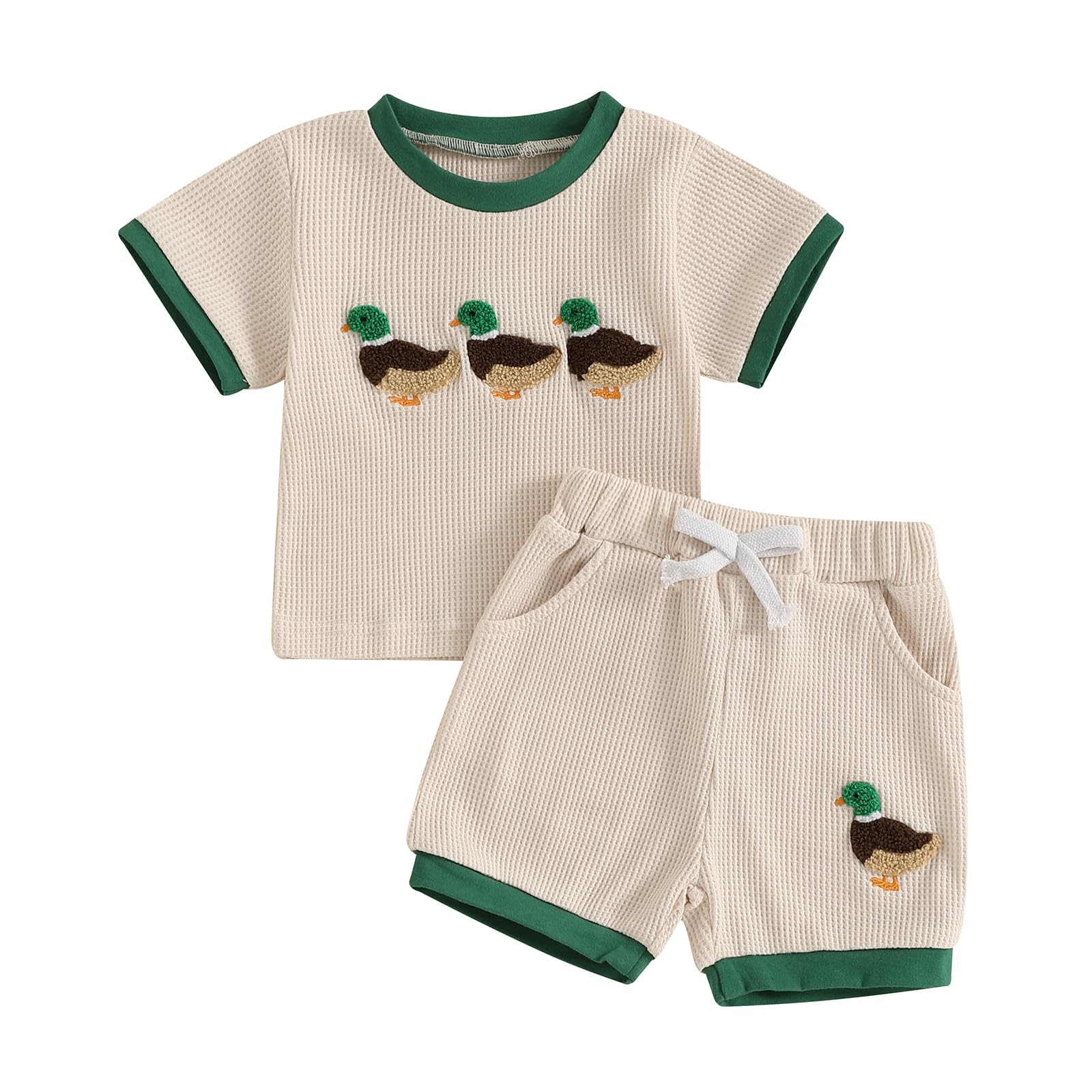 Doqcey Toddler Baby Boy Summer Outfit Mallard Duck Embroidery Short Sleeve T-Shirt Tops Waffle Shorts Set Hunting Clothes (Beige, 3-6 Months)
