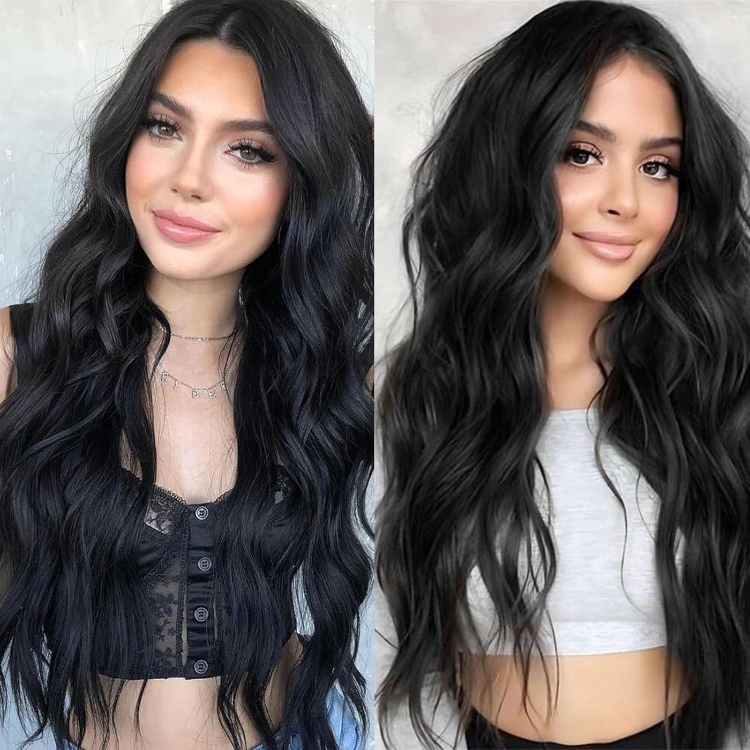 Long Wavy Black Wigs for Women Lace Hairline Middle Part Curly Wigs Natural Looking Synthetic Heat Resistant Fiber Daily Party Use 26" - Image 2