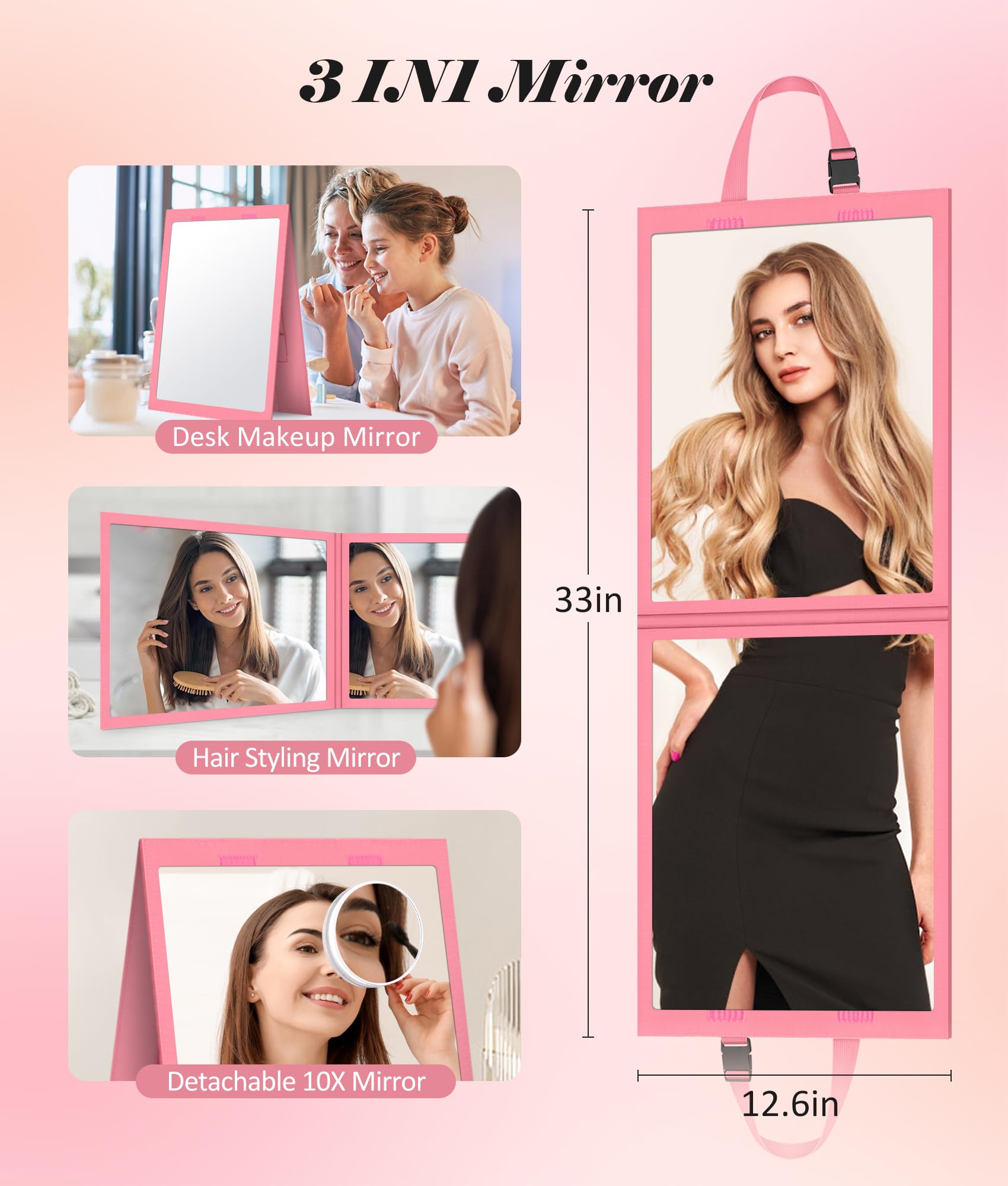 Espejo de baile plegable HD para colgar en el backstage de 33 x 12.6 pulgadas, espejo de pared portátil con un mini espejo de maquillaje de 10 aumentos y mango ajustable y para viajes, bolsa de baile,