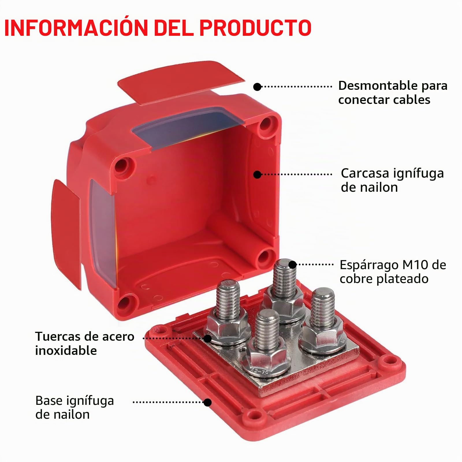 400A Bloques de Distribución de Energía 12V-48V, Caja de Distribución de Barra Colectora, BusBar con 4 Pernos de Terminal M10 para Coche, Camión, RV, Coche, Barco Rojo Negro 2 Piezas