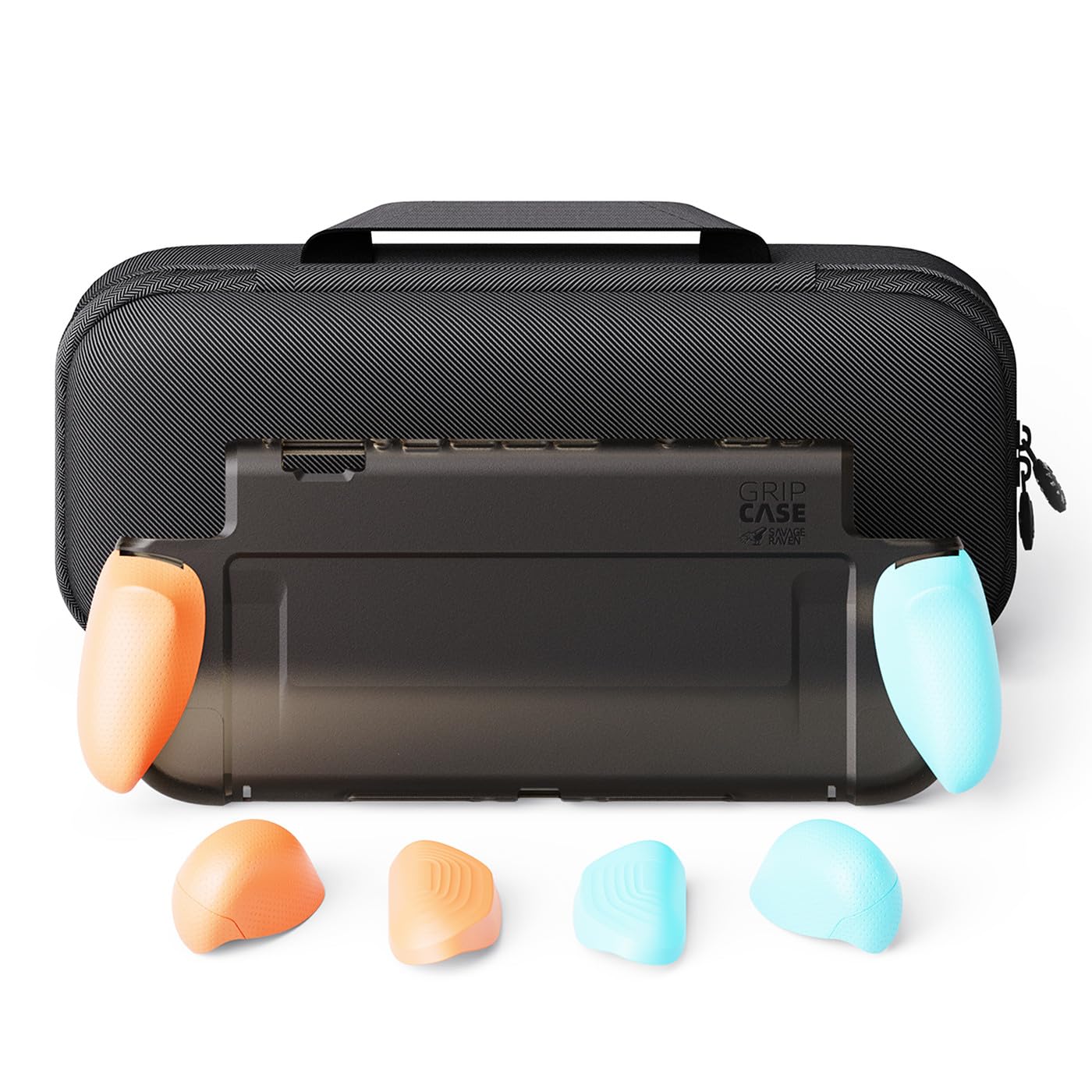 Savage Raven by Skull & Co. GripCase Bundle for Nintendo Switch 2: Dockable Soft Protective Case with Replaceable Grips [to fit All Hands Sizes], with Hard Shell Huge Carrying Case, Neon Blue & Red