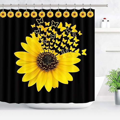 Miniatura 3 de CHICTIE Anillos de ganchos para cortina de ducha con flores, 12 piezas decorativas a prueba de óxido para juego de baño (girasol amarillo)