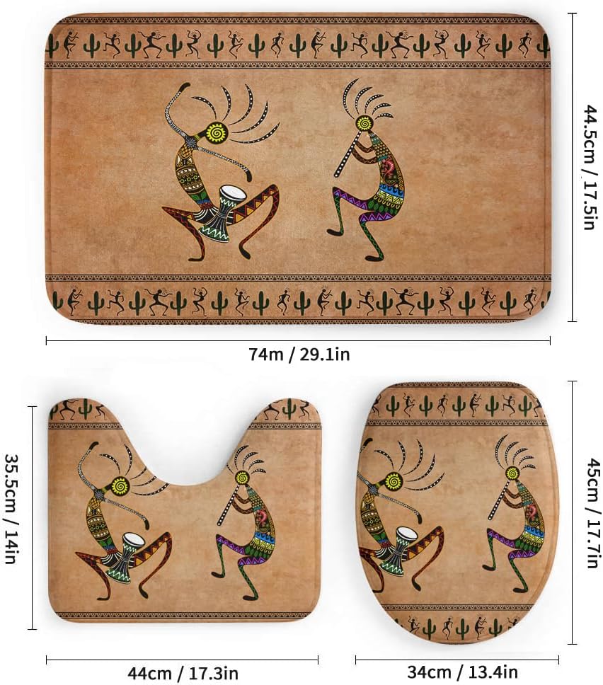 Southwestern Theme 70" Shower Curtain Set Kokopelli Ethnic Tribal Bathroom Set 4 Pcs Native American Rugs Vintage Music Harvest Toilet Lid Cover Bath Mat A09294