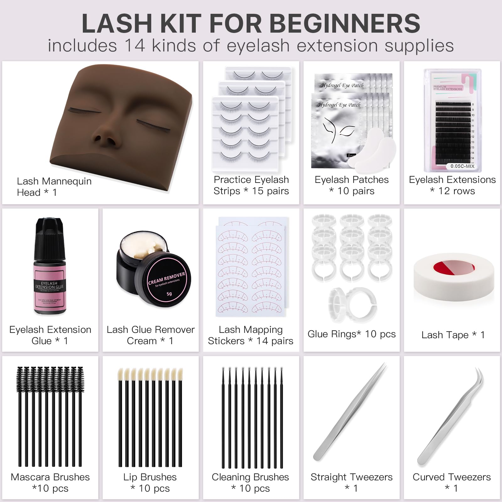 Eyelash Extension Training Kit with Mannequin Head and Tools