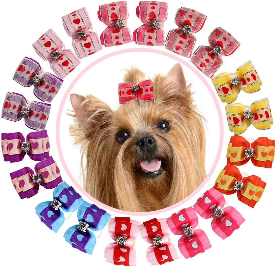 HOLLIHI 20 pcs/10 Pairs Adorable Grosgrain Ribbon Pet Dog Hair Bows with Elastic Rubber Bands - Doggy Kitty Bowknots Topknot Grooming Accessories Set for Long Hair Puppy Cat