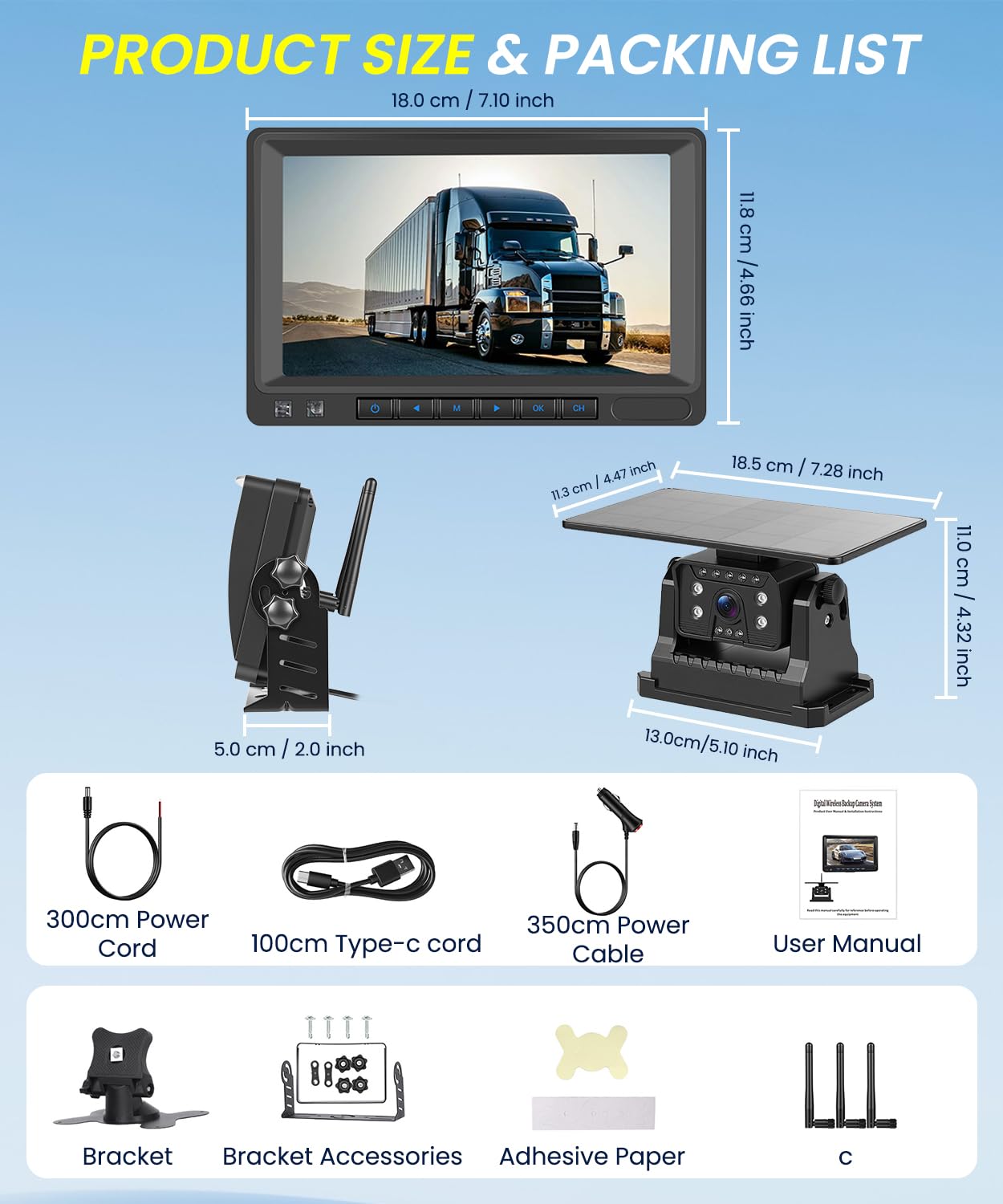 VECHTEL Monitor Retromarcia Wireless 7'' IPS HD, Telecamera Solare Senza Fili 10000mAh Magnetica IP69, Visione Notturna, Linee Guida Parcheggio Intelligenti, Compatibile 12V-36V per Auto Camion SUV