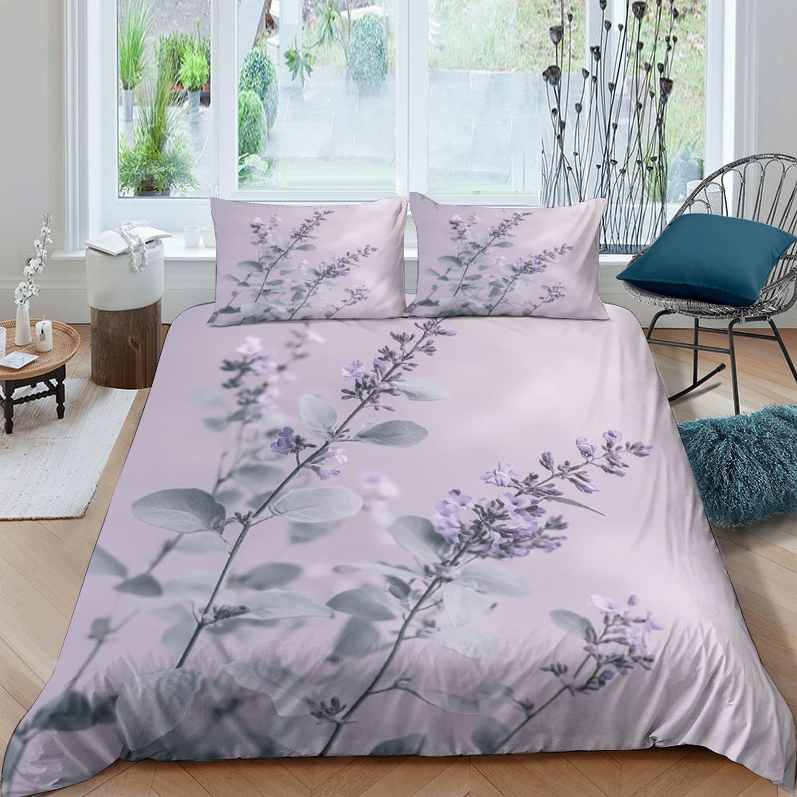 Ctjqhvkz Style-10 3D Printed Lavender Blossom Fitted Sheet Microfiber Soft Pastel Purple Floral Mattress Cover Bedroom Decor Single（135X200cm）