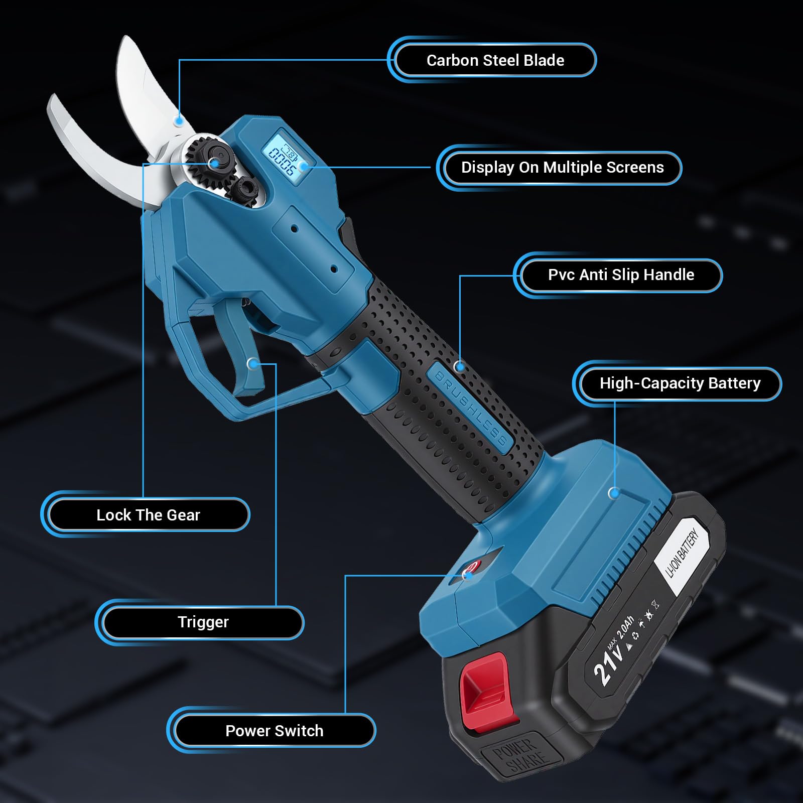 Tijeras de podar y podar con batería de 21 V, 2 en 1 con 2 x 2600 mAh, 18000 rpm, grosor de corte de 8 mm, tijeras eléctricas ligeras para setos y bordes de césped (azul)