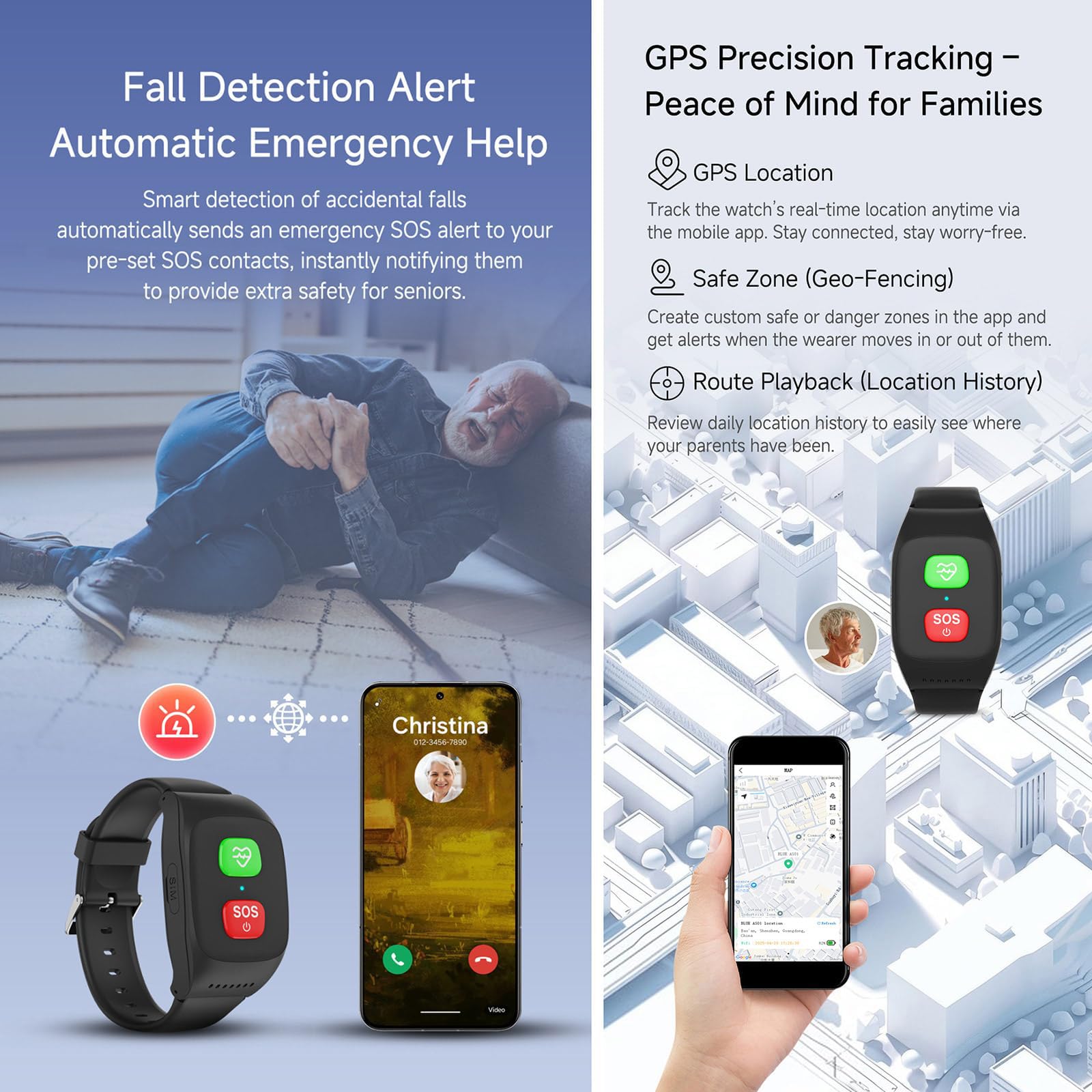 Reloj Inteligente con Detección De Caídas, Dispositivo De Alerta para Personas Mayores, Pulsera con GPS, Funciones De Detección De Caídas, Llamada De Emergencia SOS, Podómetro Y Geolocalización