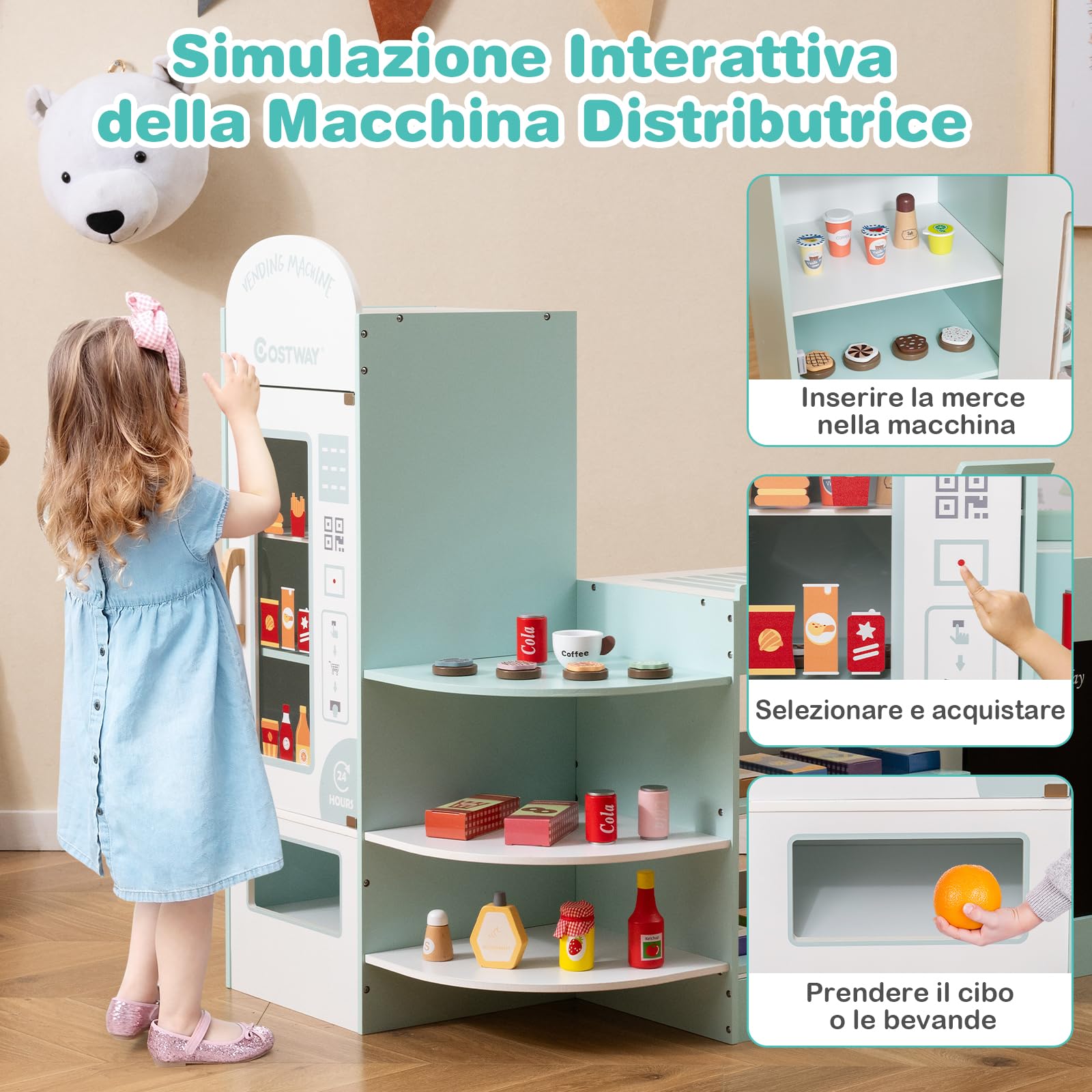 COSTWAY Negozio Alimentare per Bambini, Set di Giocattoli Supermercato in Legno con Cassa, Macchina POS, Distributore Automatico, Lavagna Scrivibile, per Bambini 3-8 Anni (Verde)