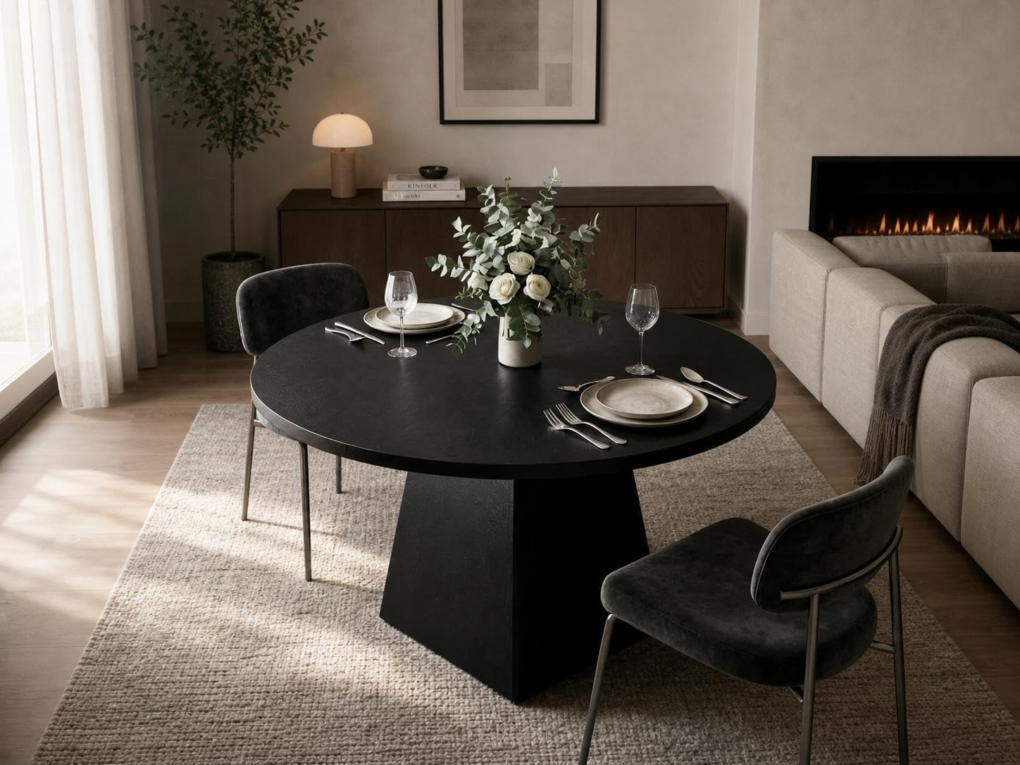 GarveeHome Table à Manger Ronde 47" pour 4-6 pers, Plateau épais 1,18", Base carrée Stable, Style Moderne Farmhouse, idéale Petits espaces - Noir gaufré
