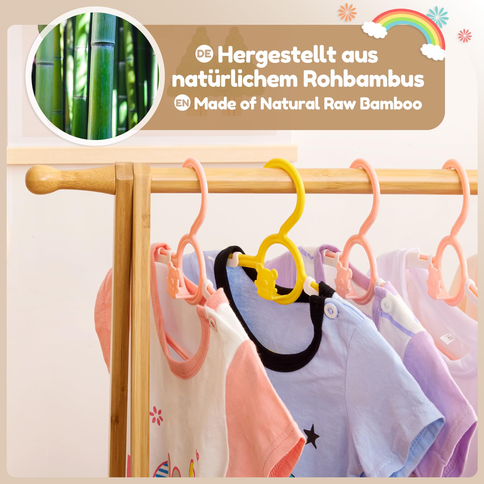 Yorbay Perchero para Ropa de Niños con Caja de Almacenaje, Perchero para Vestir, Perchero para Ropa de Niños con Varillas para Colgar, Pequeño y Plegable, Bambú