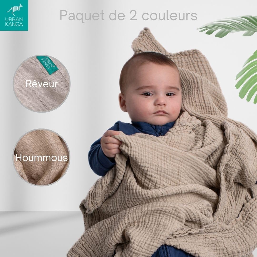 Urban Kanga Langes Bébé Mousseline 120x120 cm Pack de 2 | Certifié Oeko-Tex, doux et respirant