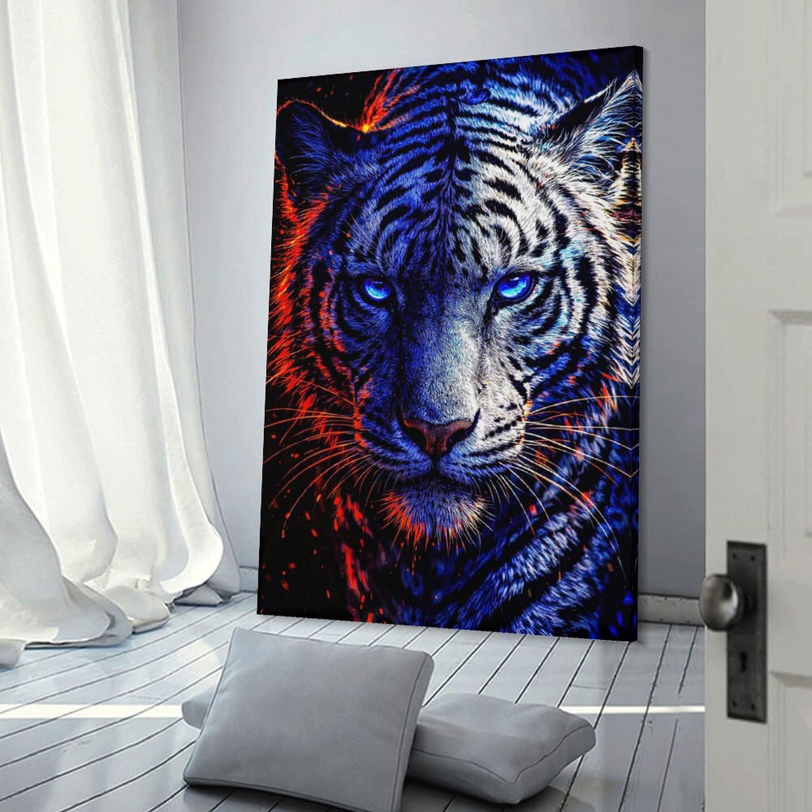 Junmoney Fiery Blue Tiger Portrait Hanging Wall Art, 20x30inch(50x75cm), for Living Room, Bedroom, Office Or Hallway, Decorative Artwork with Broad Appeal