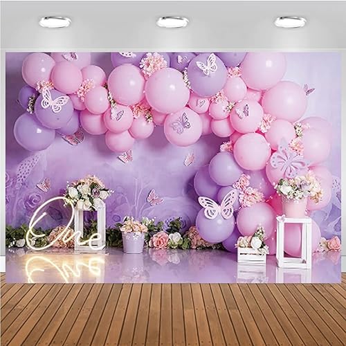 Miniatura 5 de Fondo de fotografía para fiesta de cumpleaños de niña, globos rosas y morados, mariposa, país de las maravillas, baby shower, flores, fondo de