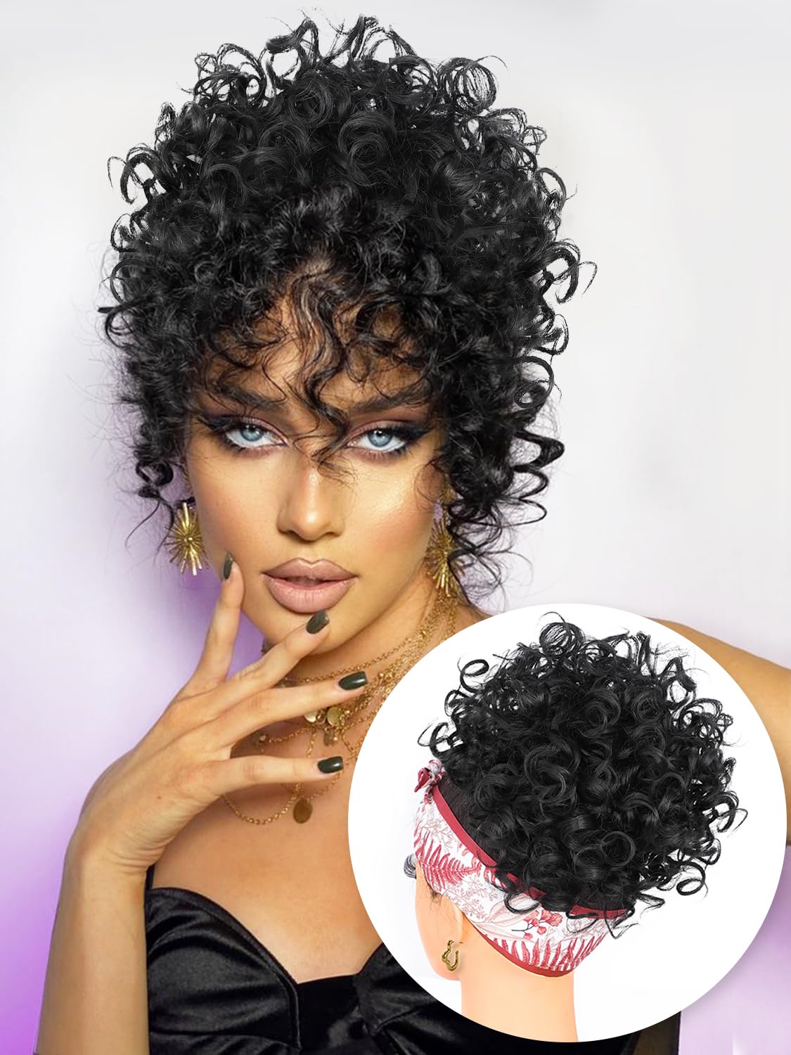 ALXNAN Messy Hair Bun Hair Piece for Women Elastic Drawstring Loose Wave Curly Buns Short Black Synthetic Ponytail Extension Hair Bun Extensions Thick Updo Hairpieces for Women Daily Use.