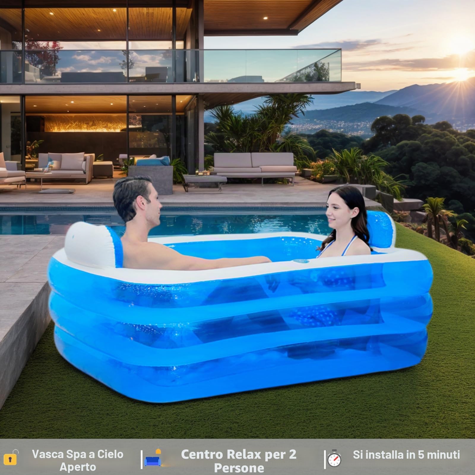 Piscina gonfiabile, vasca da bagno pieghevole, gonfiabile, per adulti, idromassaggio all'aperto, piscina per balcone, giardino, piscina rettangolare con grande schienale in balza e supporto