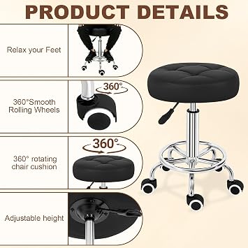 Round Rolling Stool, PU Leather Rolling Stools Height Adjustable