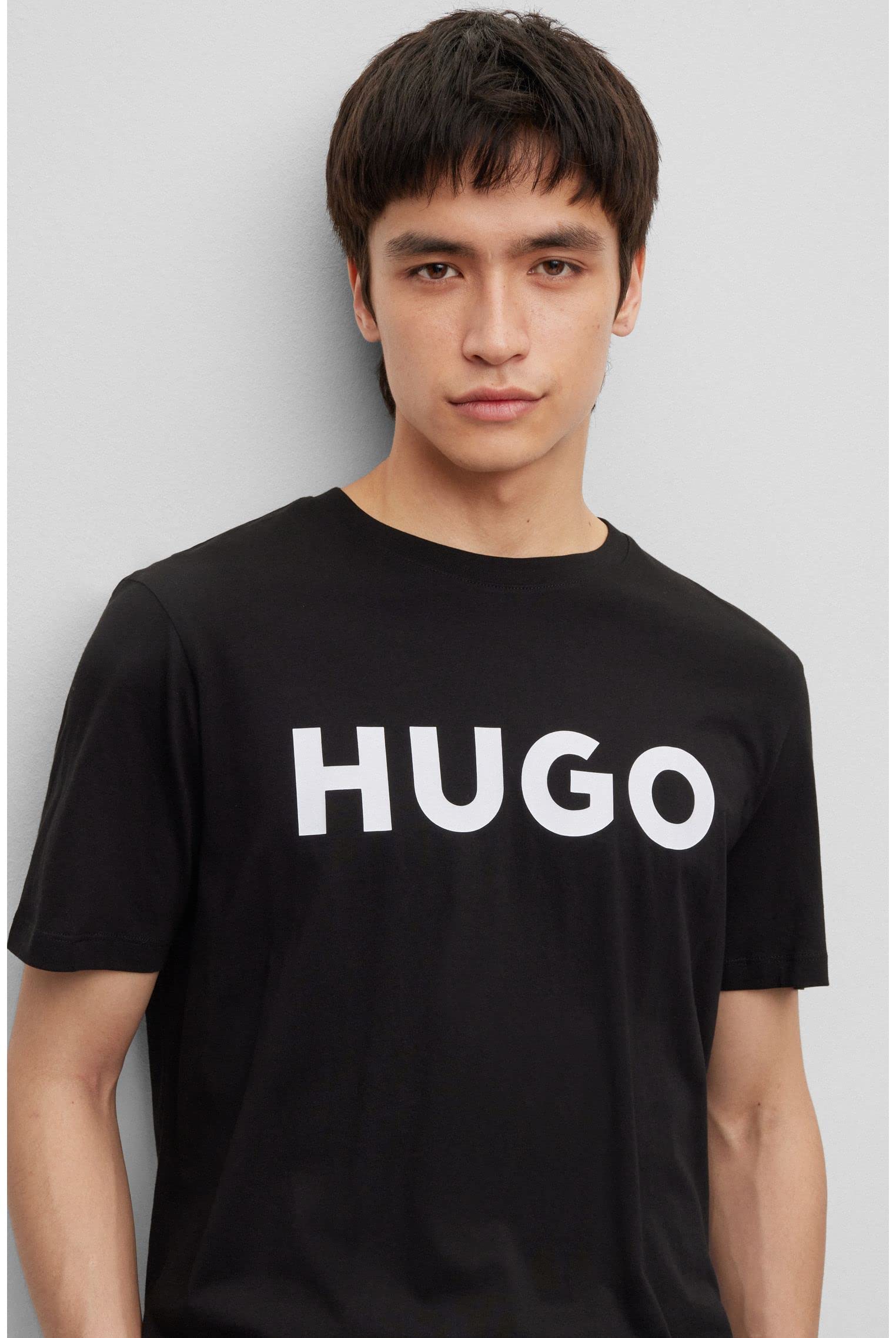 HUGO Męski T-shirt Dulivio Regular -Fit z bawełnianego dżerseju z kontrastowym logo, Schwarz002, L