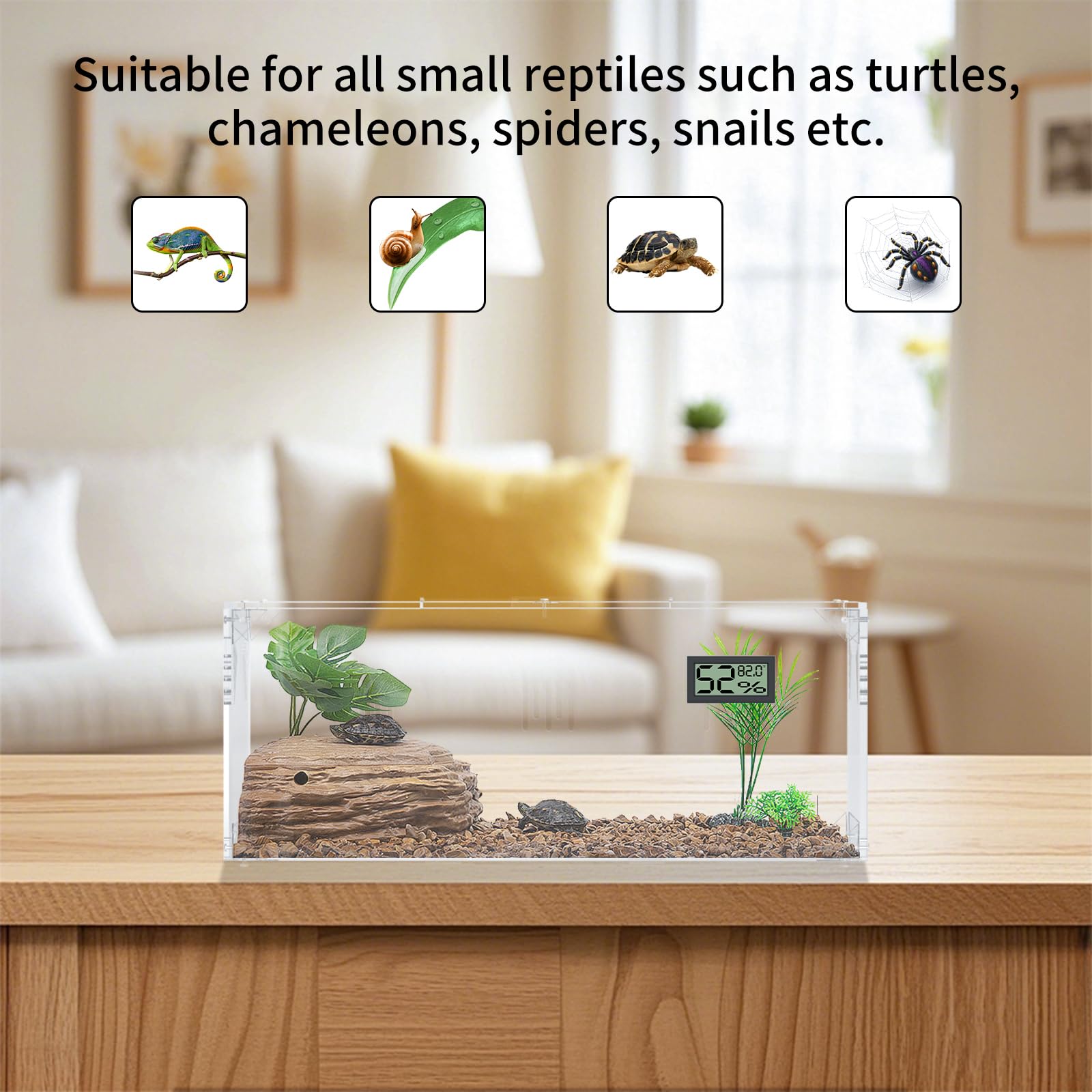 Reptilien Terrarium Tank,Schnecken Terrarium Groß,Acryl Transparente Reptilien Insekten Futterbox mit Temperatur Hygrometer,Spinnen Terarium,Reptiliens Aufzuchtbox (Reptile-Tank-L(No Tray))