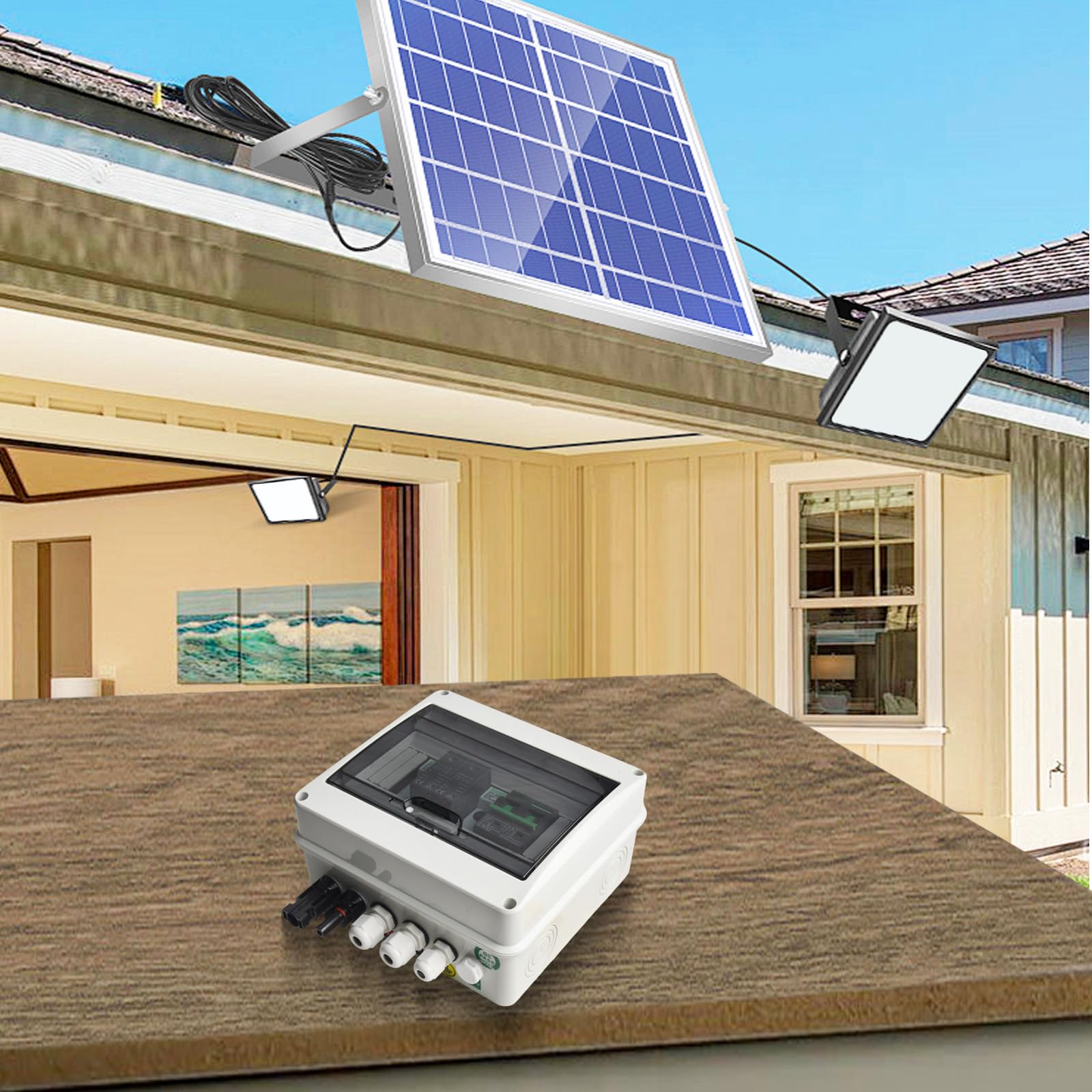 Scatola di Combinazione Solare Fotovoltaica 1 Ingresso 1 Uscita 550V IP65 Impermeabile con MCB DC 2P 550V, SPD DC 2P 600V e Fusibili DC 1000V 15A, Montaggio su Tetto per Pannelli solari