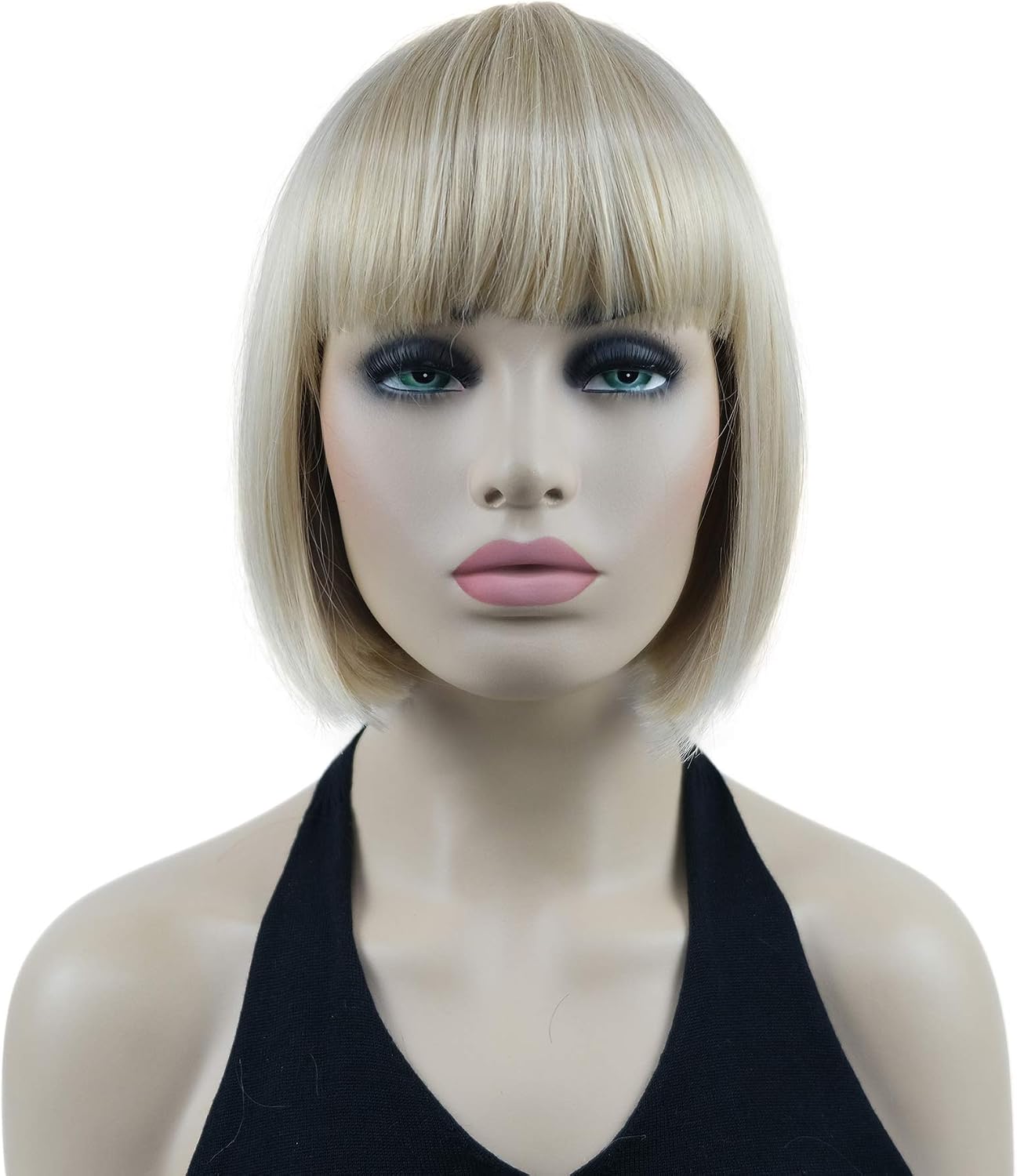 Lydell 8" Short Bob Hair Flat Bangs Cute Central Dot Skin Top Heat Resistant Synthetic Wigs (24BT613 Blonde Mix)