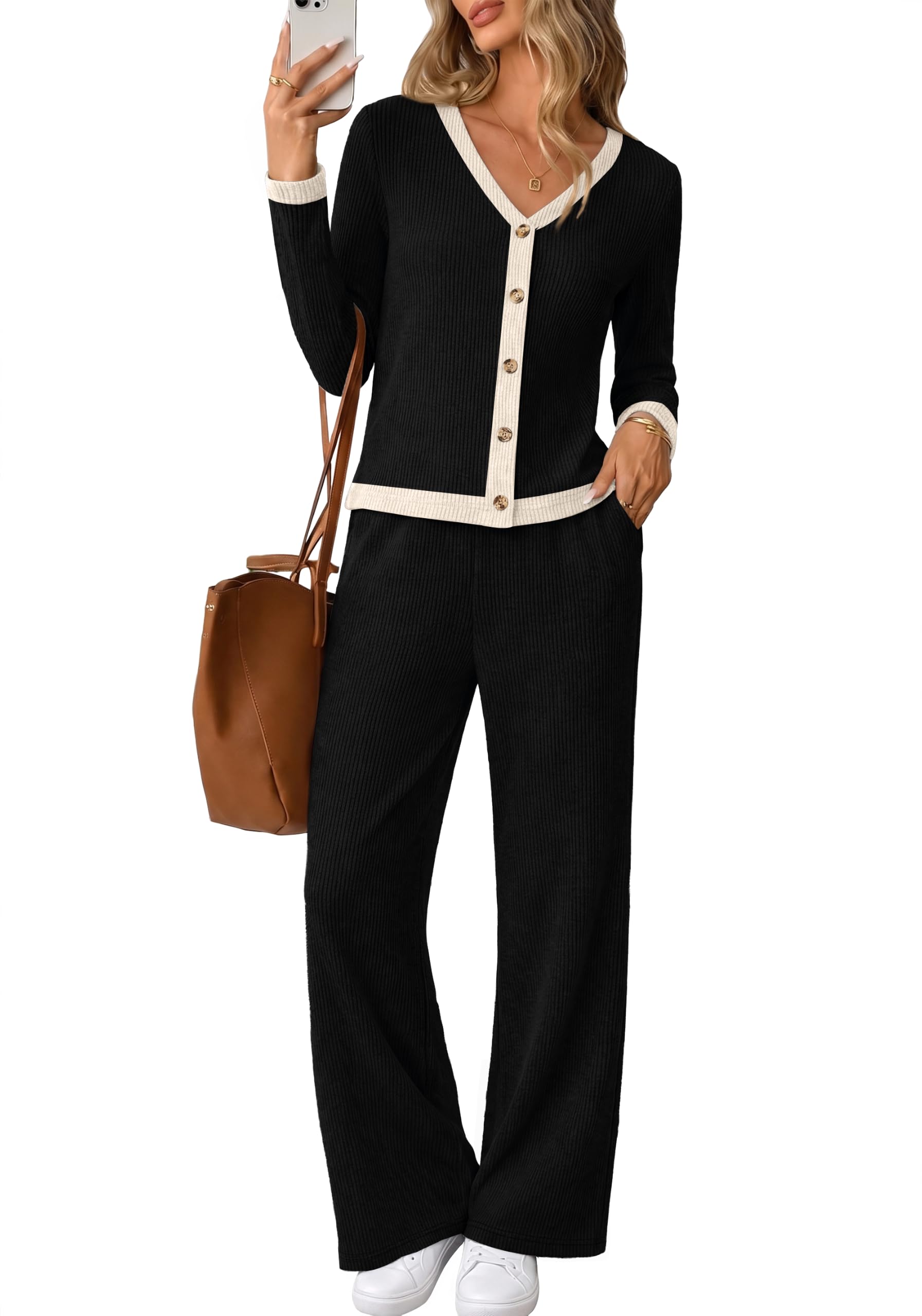 WIHOLL Women's 2 Piece Button Front Loungewear Set Casual Fall Outfits