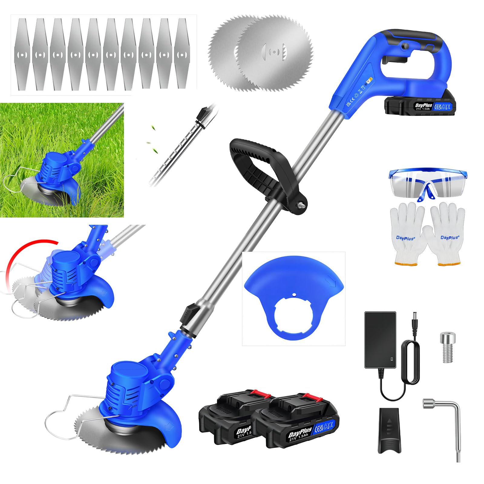 Cortadora de Césped sin Cable con Cabezal Ajustable,Cortadora de Césped de Doble Batería con Cuchillas,Equipo de Corte con Barra Anticolisión,Cortadora de Césped para Jardín,Campos