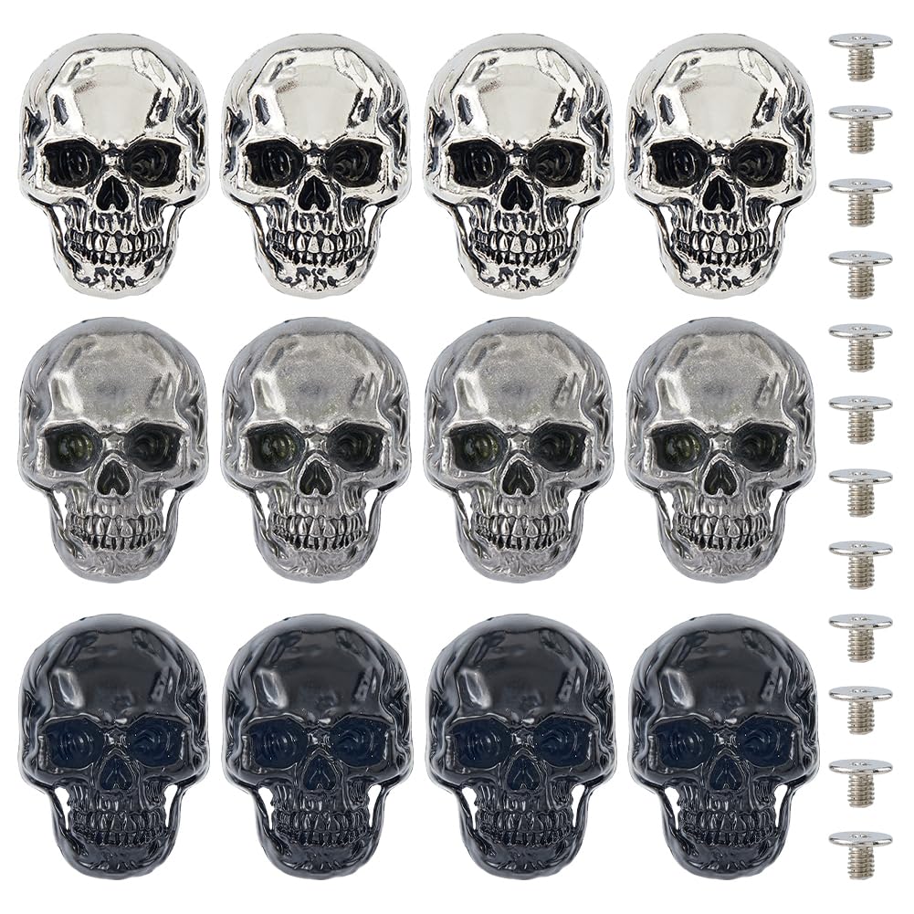 SUPERFINDINGS 12Sets 3Colors Alloy Skull Stud Rivet Skull Conchos Screw Back Leather Crafting Skull for Punk Style Clothing Accessories DIY Craft Decoration