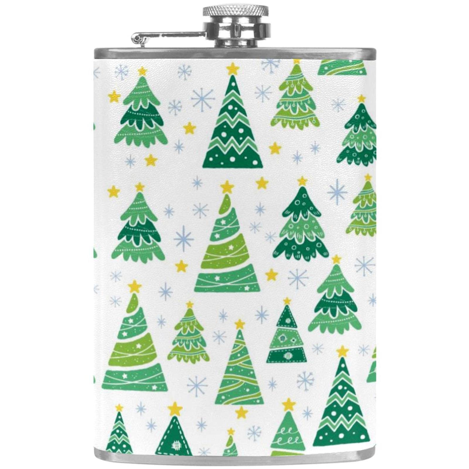 Flasque pour femme en cuir avec entonnoir motif étoiles jaunes et sapins de Noël