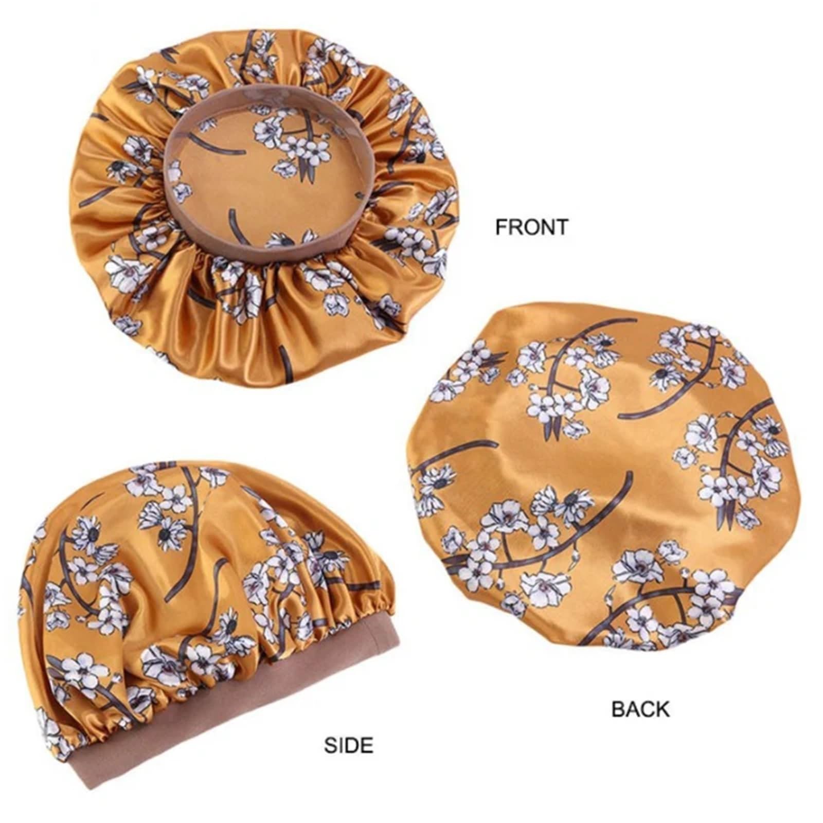 Cofano In Seta Cofano in raso con stampa for donna Fascia elastica larga for il sonno notturno Cappello in Avvolgere la testa Cura dei capelli(Yellow)