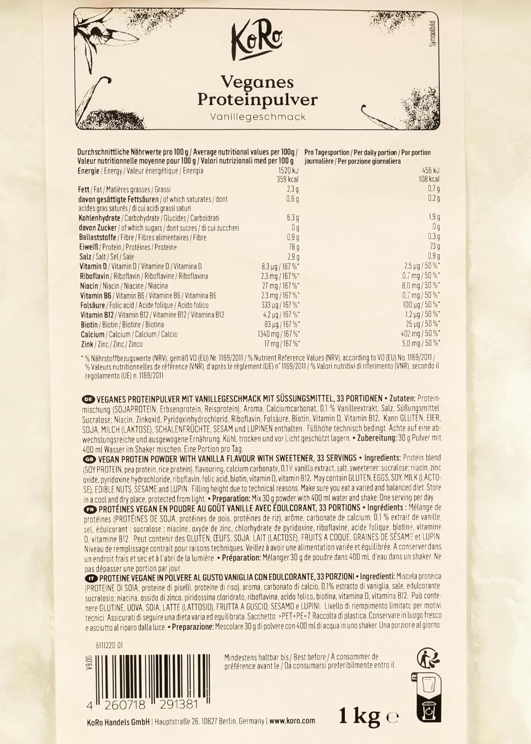 KoRo Veganes Proteinpulver Ohne Zucker Vanille 1 kg - Aus Reis-, Erbsen- und Soja Protein Pulver Vegan - Eiweißpulver Cremig-süß im Geschmack - 30 Tage Vorrat