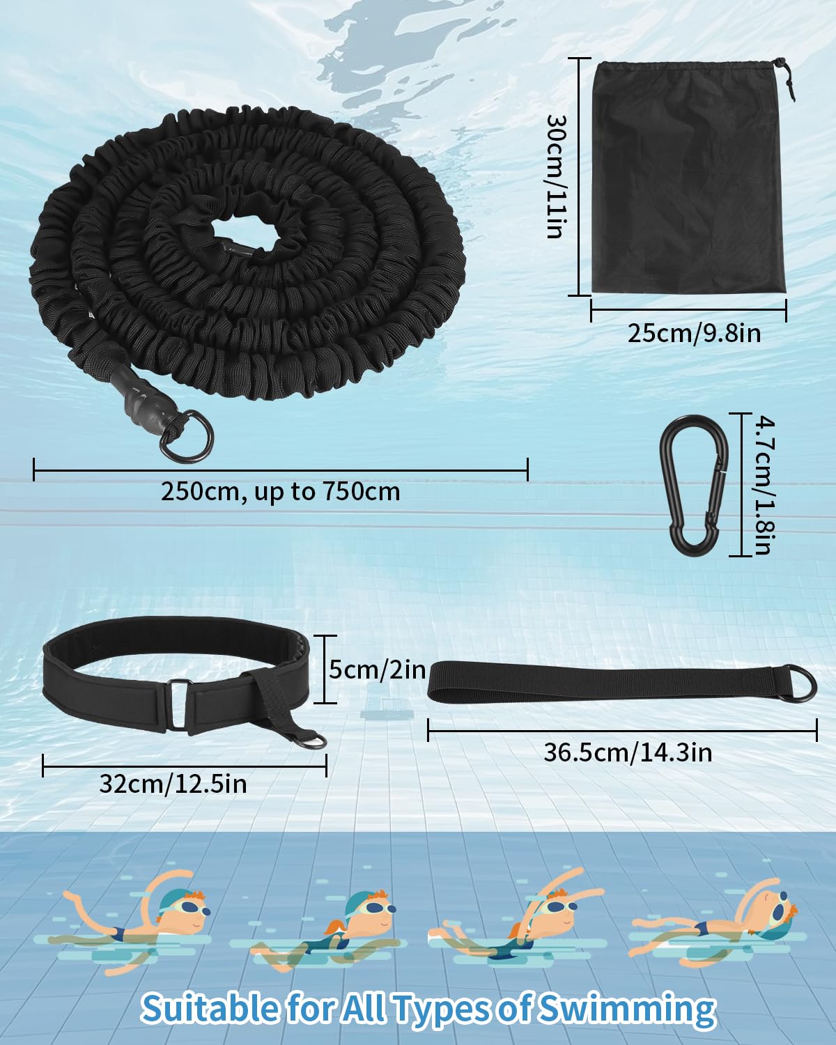 Ceinture de Natation pour Piscine, Corde de Elastique de Nage Piscine, 2.5-7.5M Ceinture de Résistance Réglable, Ceinture de Natation Réglable pour Piscine, Convient aux Adultes et aux Enfants
