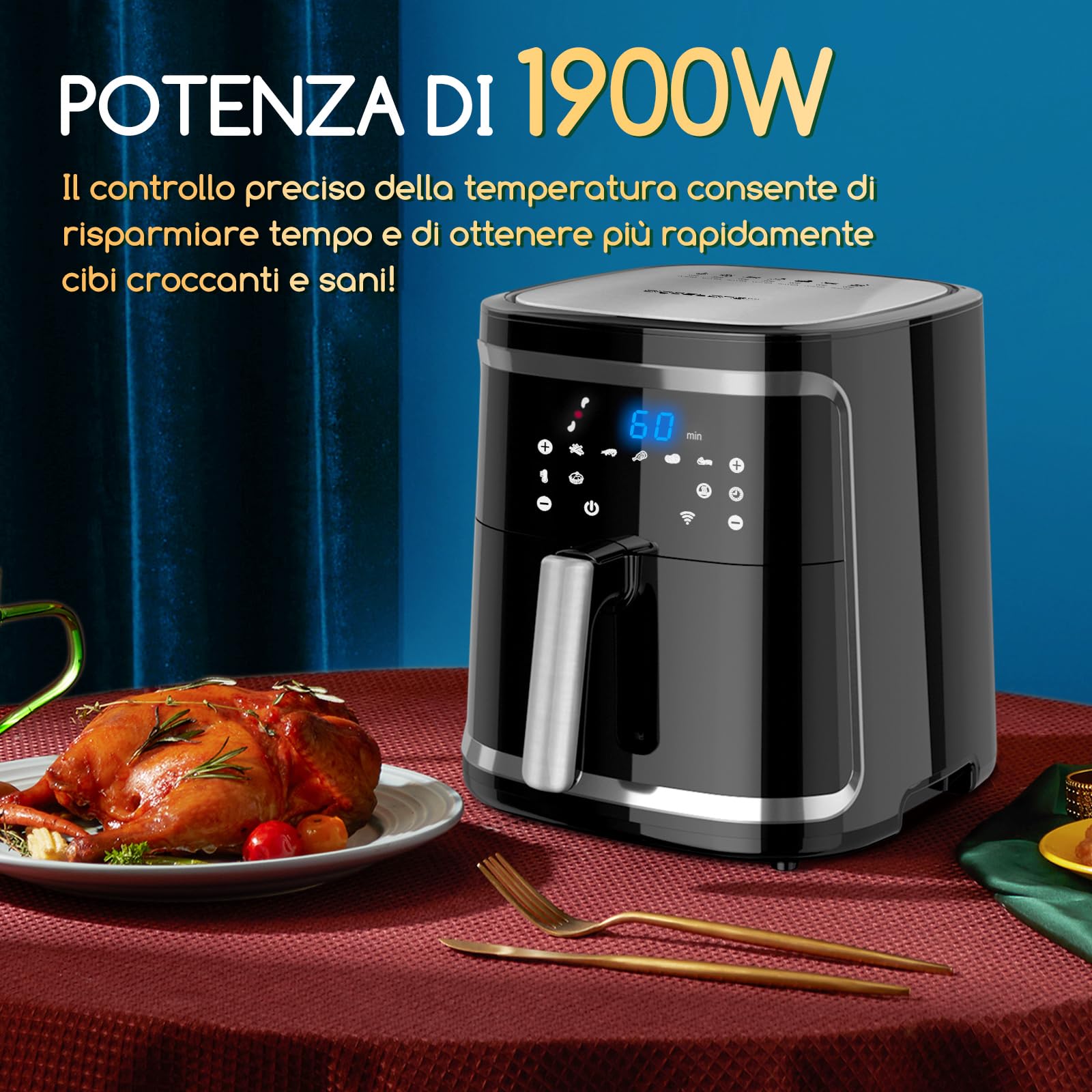 Aigostar Smart Cube - Friggitrice ad aria intelligente, 1900W, 7L. Modalità manuale, schermo LED, 7 funzioni preimpostate con mantenimento calore in modalità manuale. Connessione Wi-Fi. Senza BPA