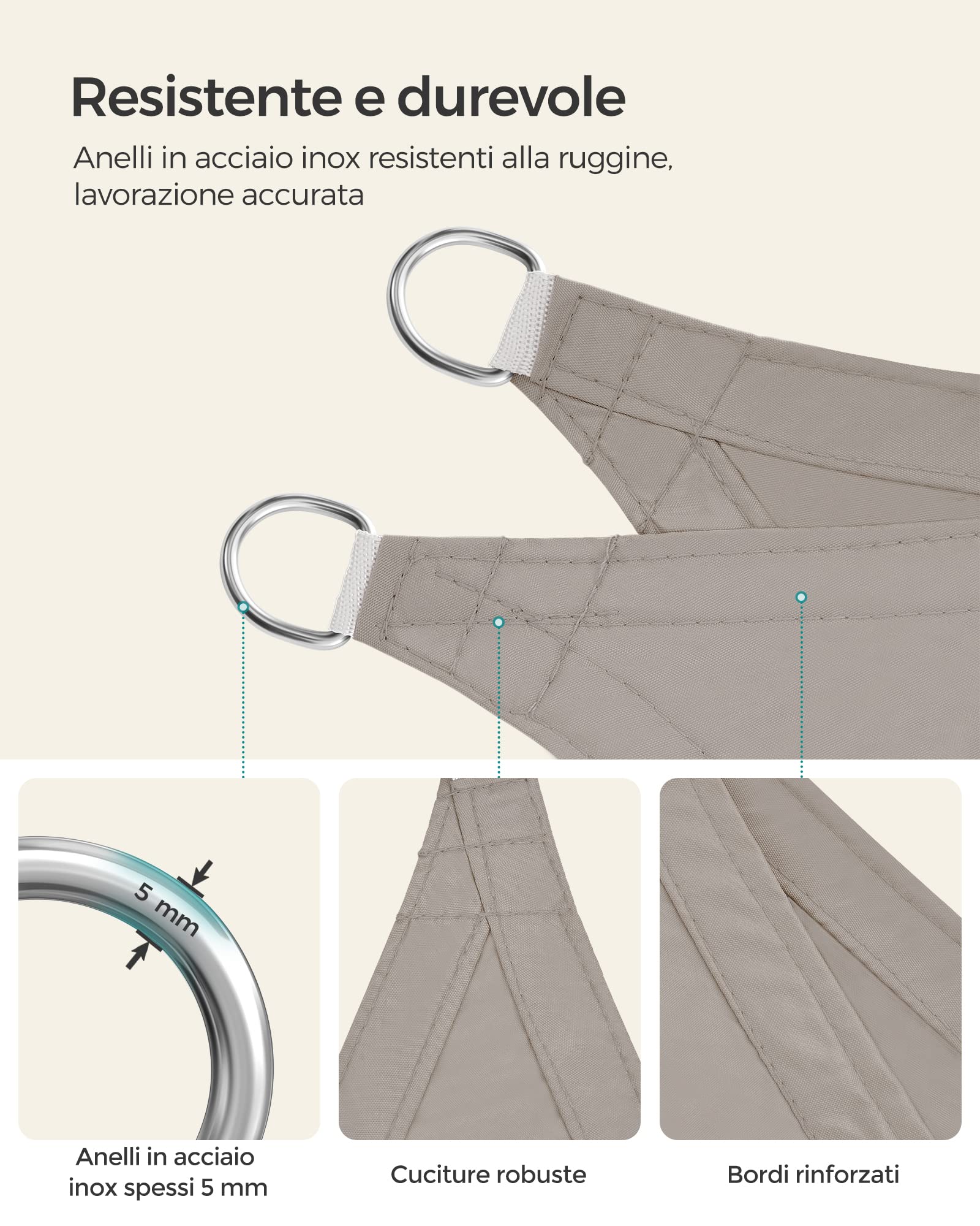 Vela Parasole SONGMICS 3x3m Giallo Sabbia - Impermeabile E Anti UV 93% Per Esterno - Foto 6