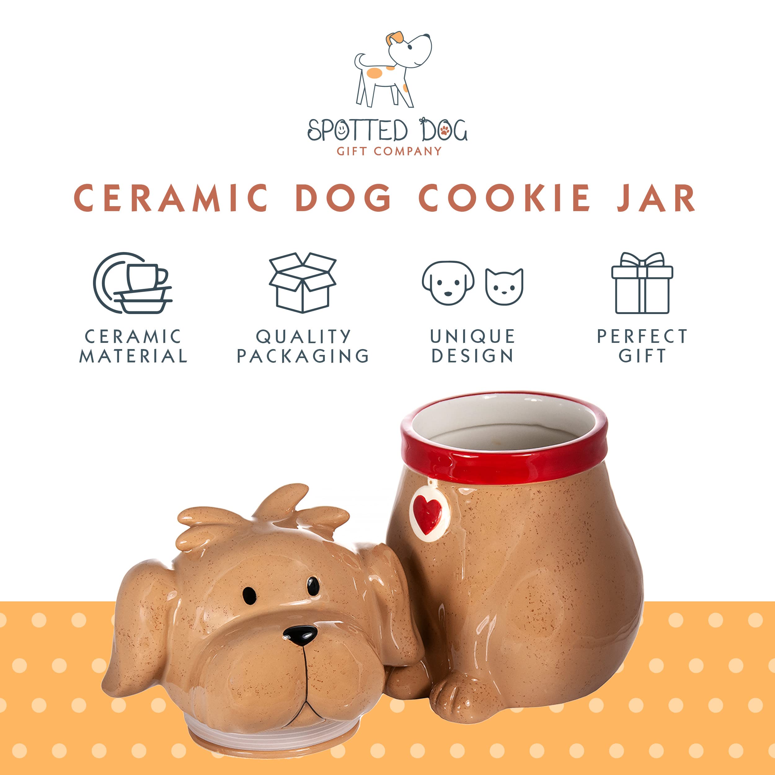 SPOTTED DOG GIFT COMPANY Dog Cookie Jar with Lid, Large Animal Shaped Ceramic Food Storage Kitchen Canister for Candy & Snack, Novelty Pet Treat Container, Gifts for Dog Lovers 49oz - Brown