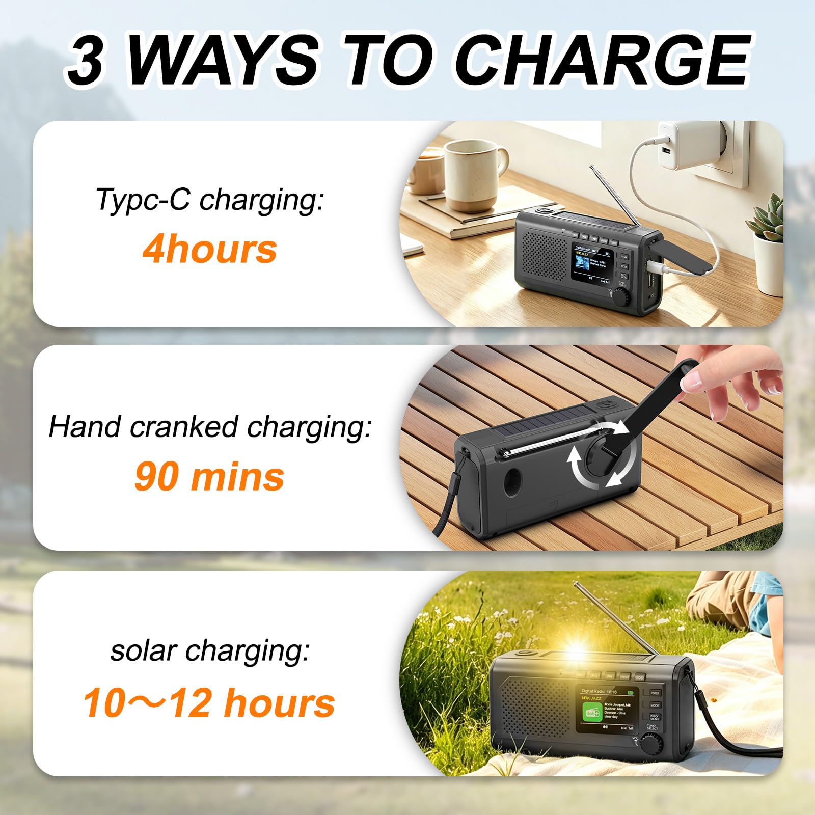 Radio di emergenza DAB+/FM con manovella, ricarica solare e USB, Bluetooth 5.3, radio a manovella con batteria da 2000 mAh, power bank, allarme SOS, lampada da lettura, sveglia, scheda TF per esterni