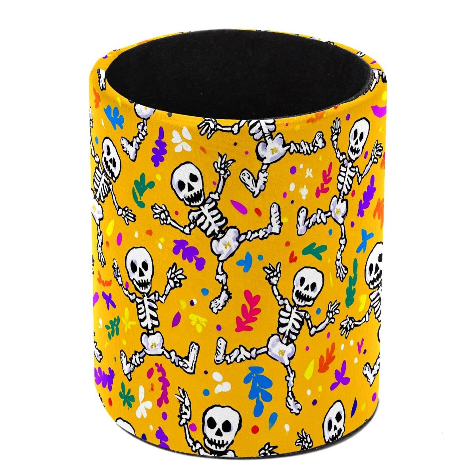 HEOEH Funny Skeleton Yellow Pen Holder for Desk, PU Leather Pencil Holder Pen Cup Marker Holder Makeup Brush Holders, Desk Accessories & Workspace Organizers for Home, Office