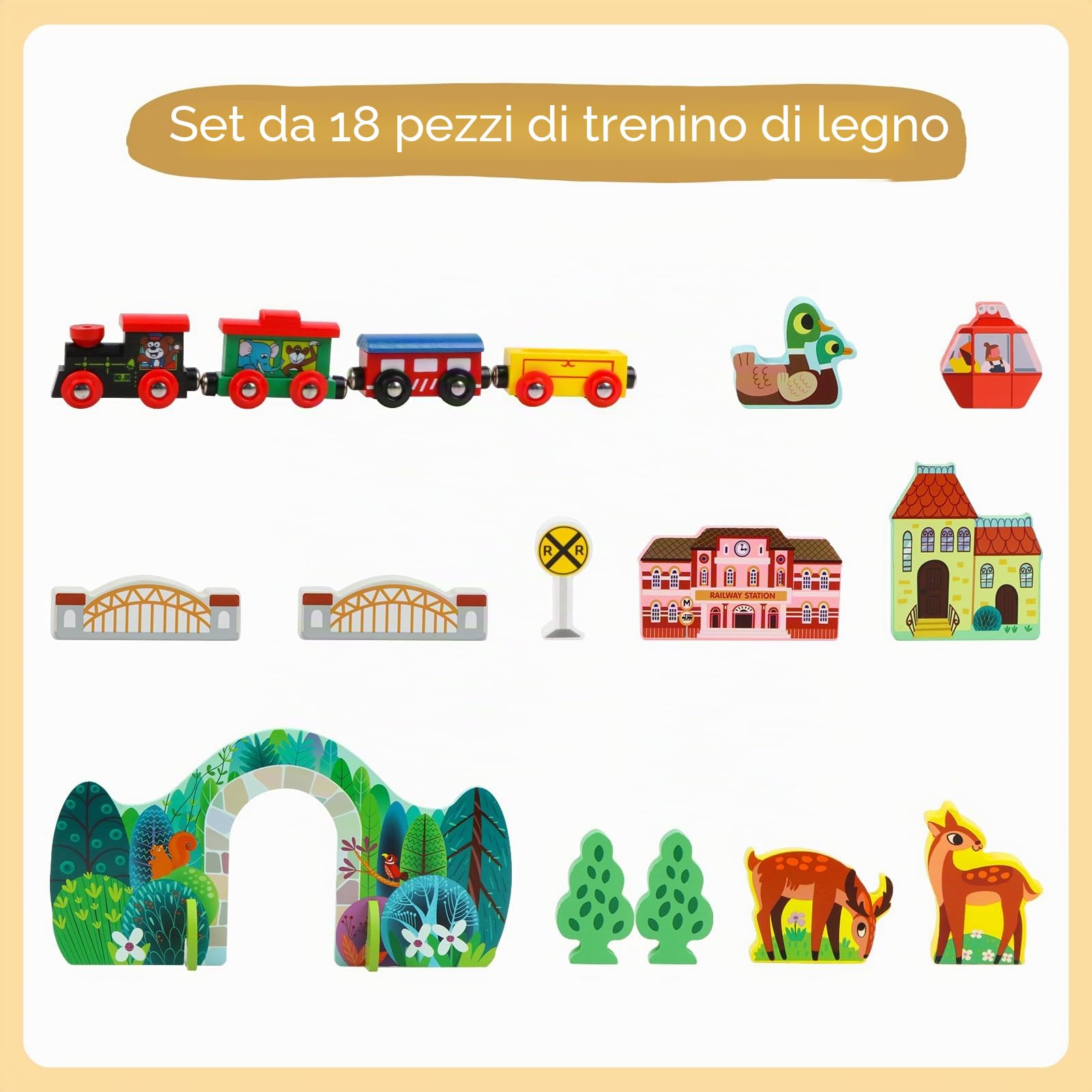 Jacootoys in legno 18 PZ Train Track Set per i bambini, ferrovia, 4 treni, pezzi di gioco, ponte per le età 3 + ragazze Ragazzi Regali