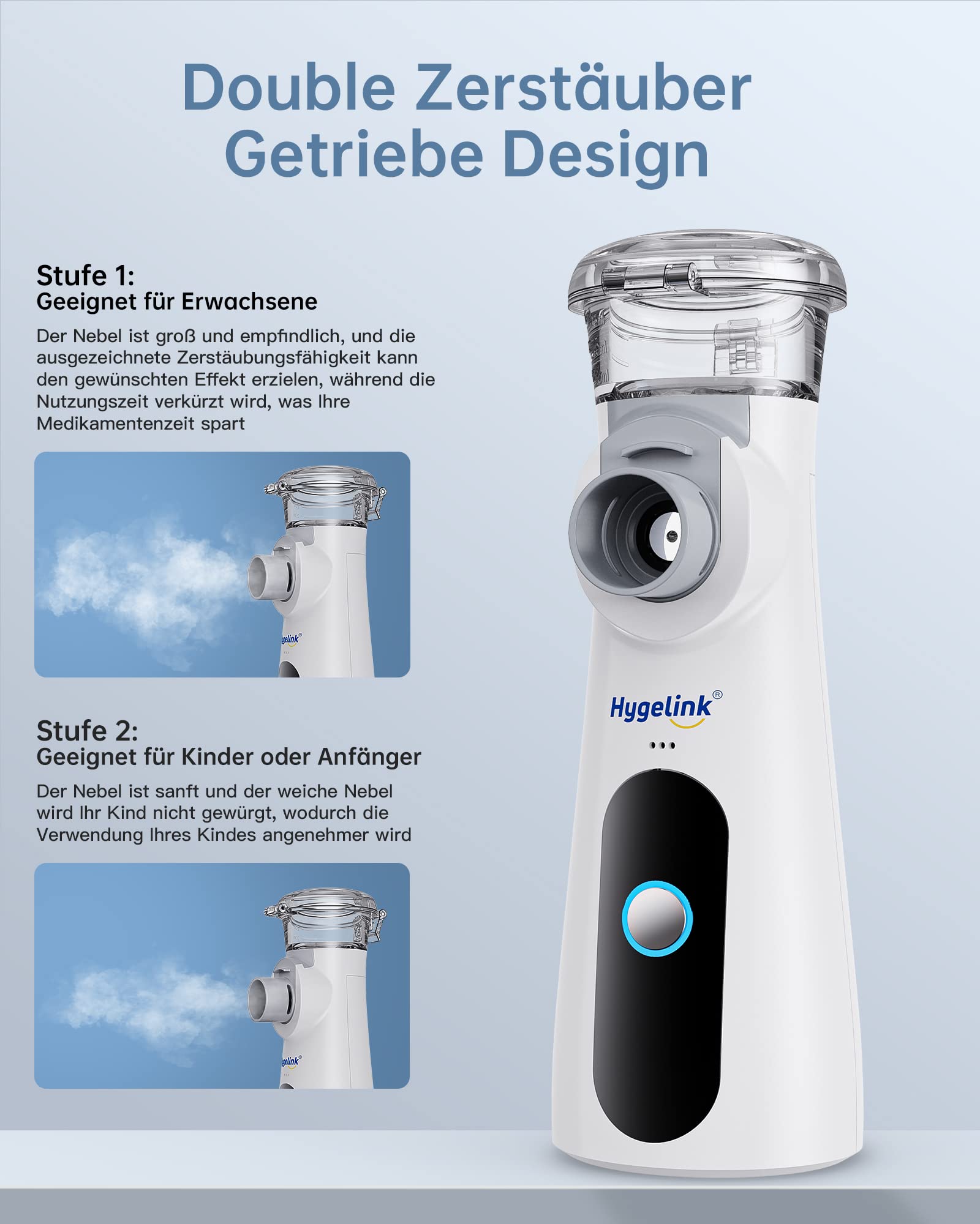 Hygelink Inhalationsgerät Vernebler, Inhalator Set für Kinder und Erwachsene, Tragbar Inhaliergeräte für Atemwegserkrankungen, 2H Lange Laufzeit, 30dB Leise, mit Mundstück und 2 Maske