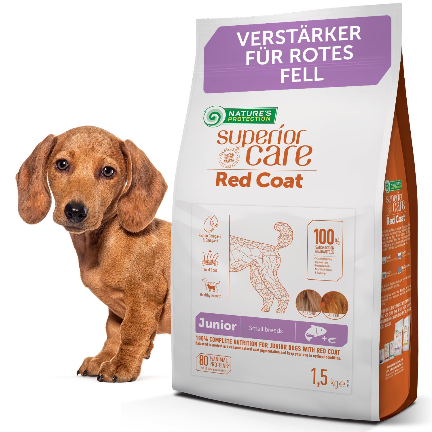 Nature's Protection Superior Care Trockenfutter für kleine Junghunde, mit Lachs, fleckenabweisend, hypoallergen mit Verstärkung des roten Fells, 1,5 kg.