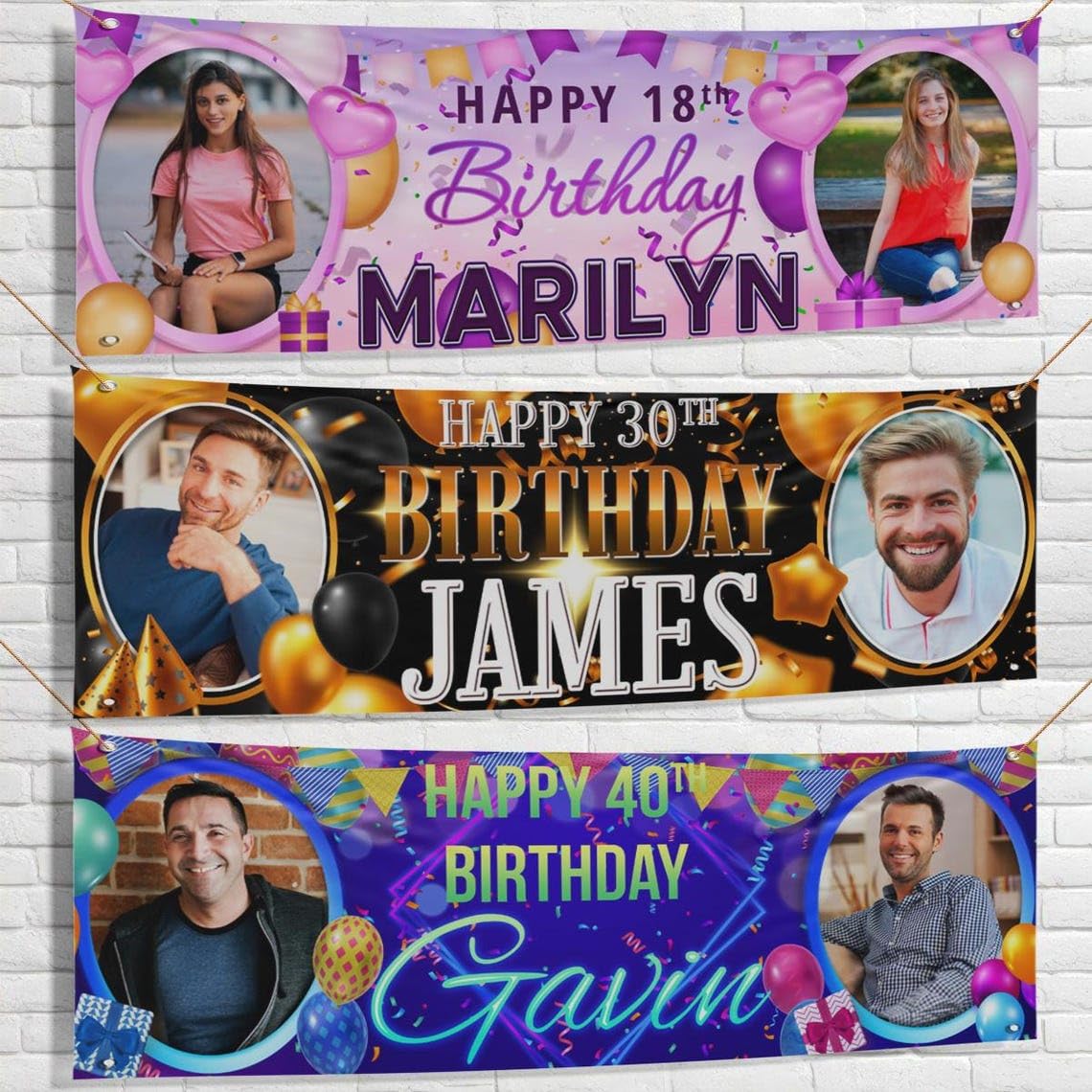 Personalised Birthday Photo Fabric Banner Blue Gold Black Pink